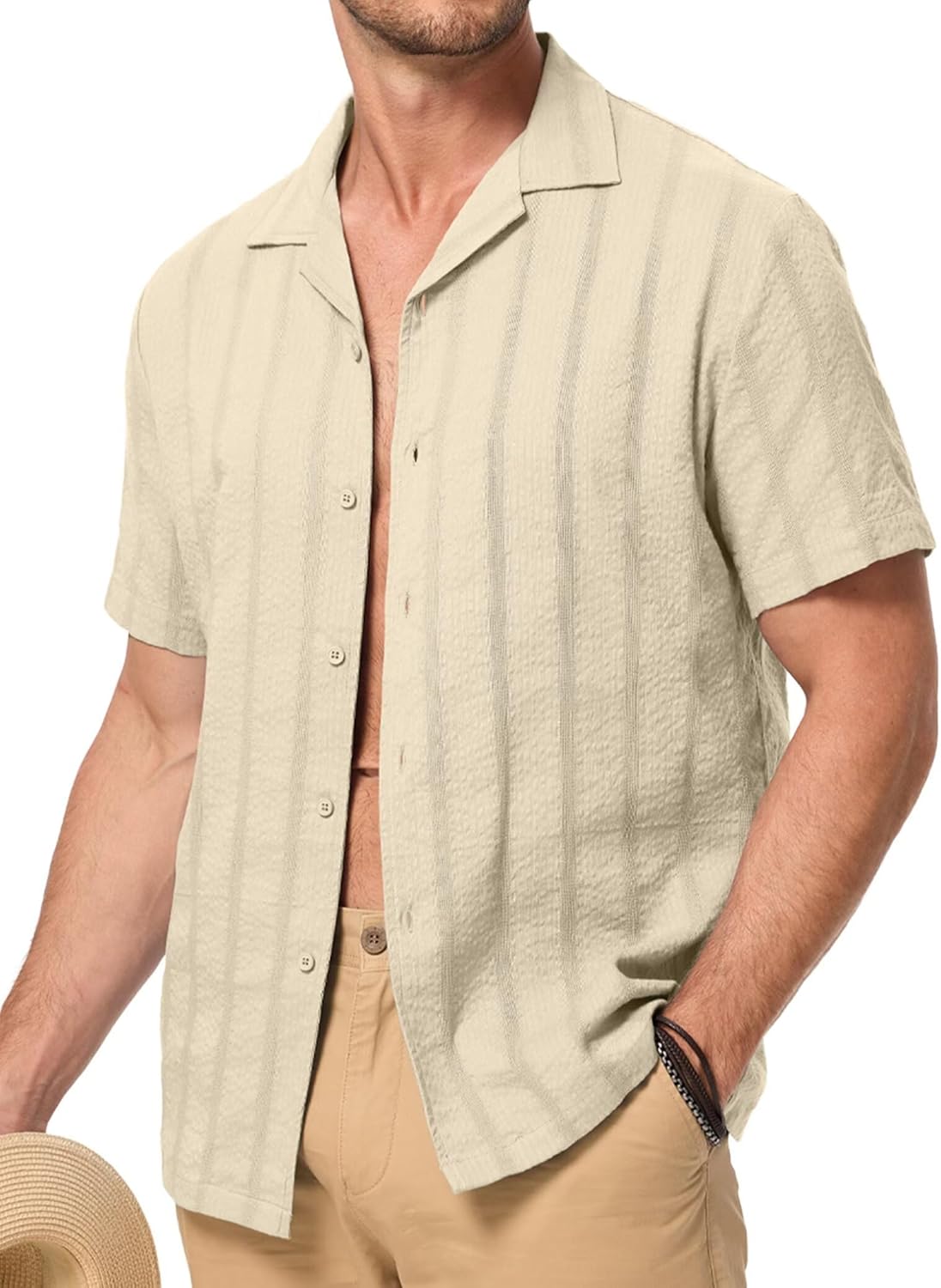 Mens Short Sleeve Button Down Shirts Casual Seersucker Textured Cotton Shirt Summer Vacation Beach Shirts