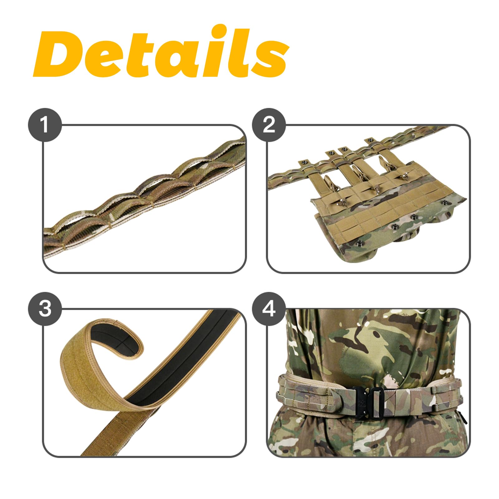 Cinturón táctico de 3 capas de 1,75 pulgadas – Sistema Molle acolchado con liberación rápida para hombres Correa de nailon 1000D hebilla de aleación Utility