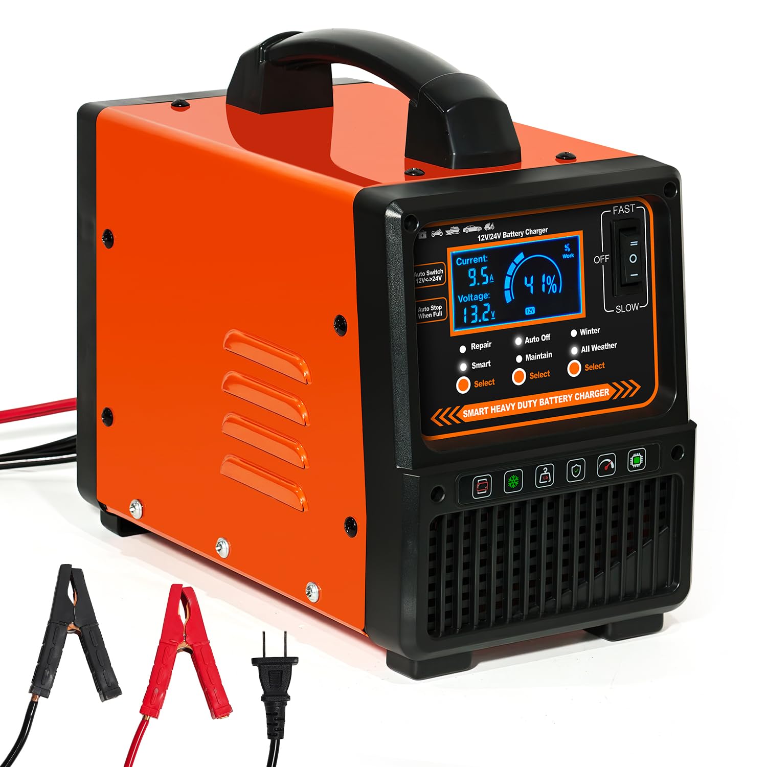Cargador de batería de Coche de 12 V y 24 V, Resistente, mantenedor Inteligente de batería de 0 a 15 A, Cargador de Goteo con reparación, Apagado automático, Modo Invierno/Verano para Coche, camión