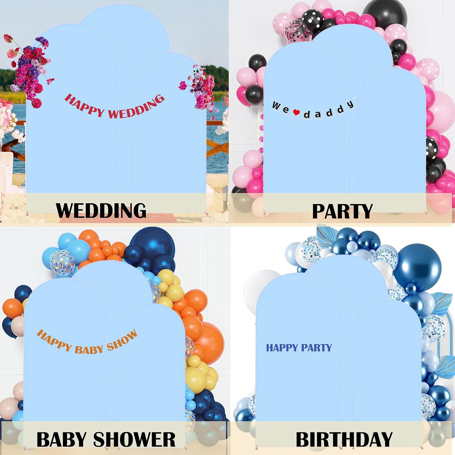 6,6.6,7.2ft Set of 3 Arch Backdrop Cover (Baby Blue) | Round Top Double-Sided Spandex Fitted Wedding Arch Cover For Party Birthday Baby Shower Anniversary Event Banquet Decoration