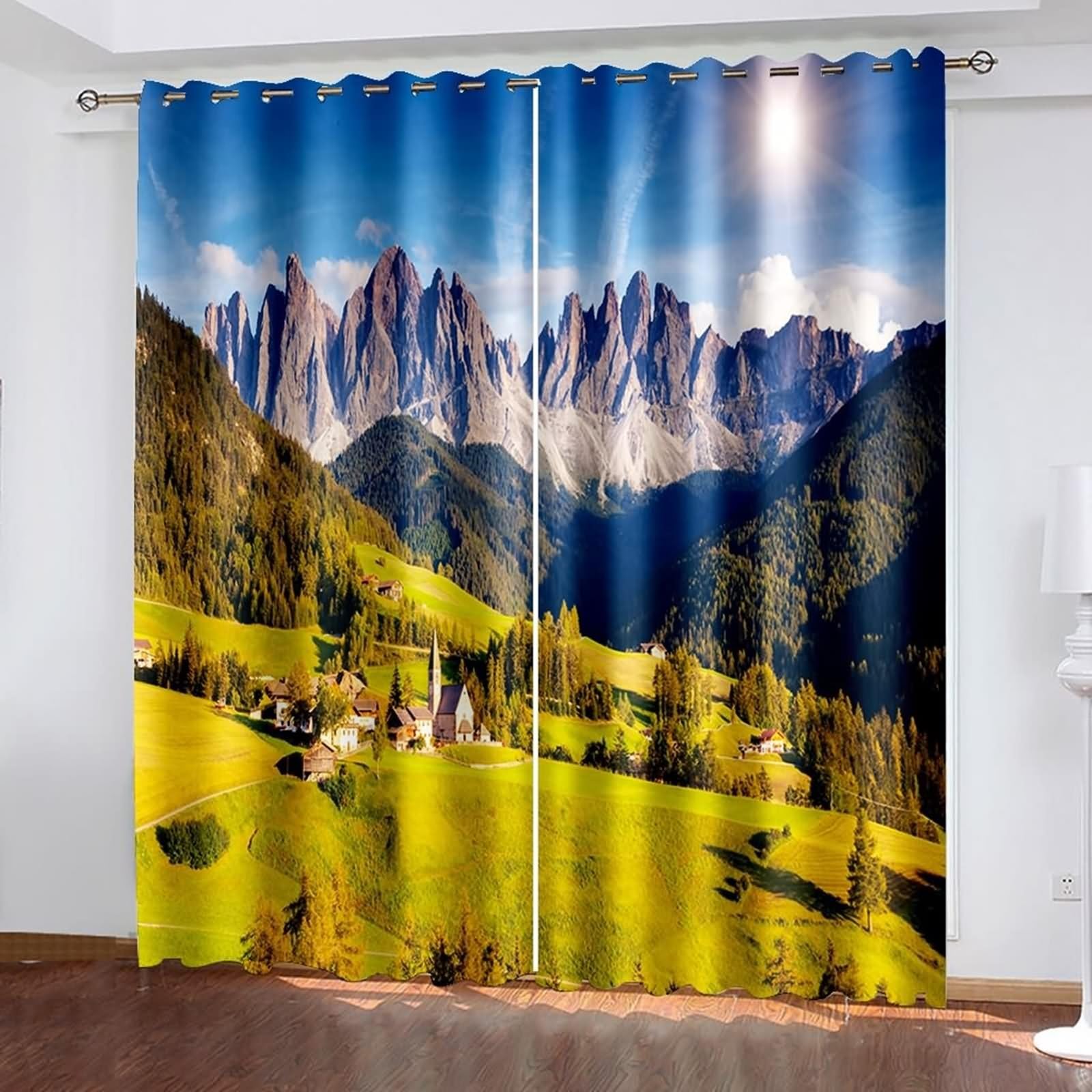 Firanka do kuchni, vintage, nowoczesna, niebieska, zielona, krajobraz górski i wiejski, poliester, zestaw 2 sztuk, 204 x 183 cm
