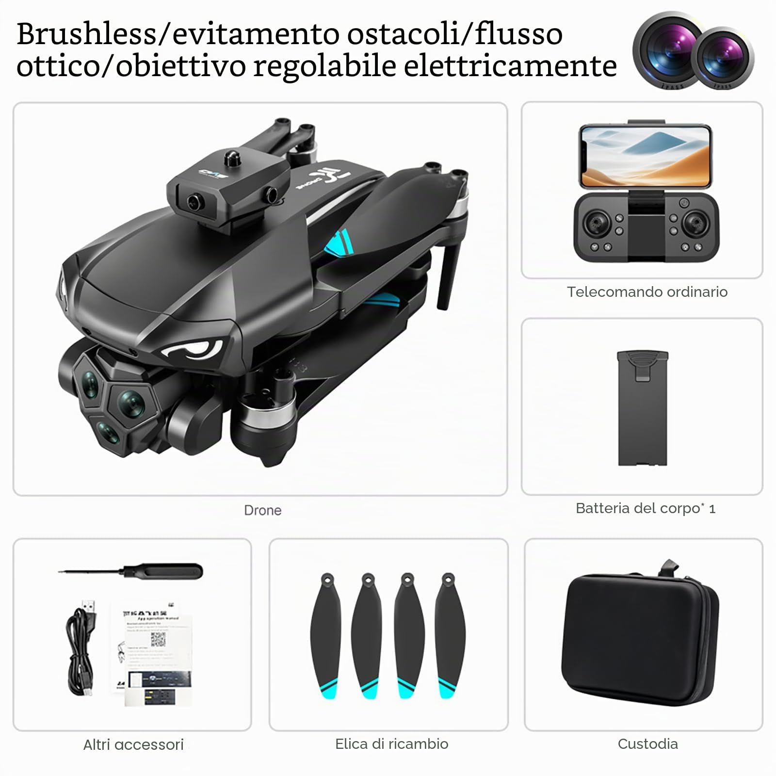 Generico Drone 4K con Tripla Telecamera Regolabile, Motore brushless, Ritorno GPS, evitamento Ostacoli a 360°, Resistenza al Vento a 5 Livelli, Posizionamento Ottico del Flusso, Telecomando LCD