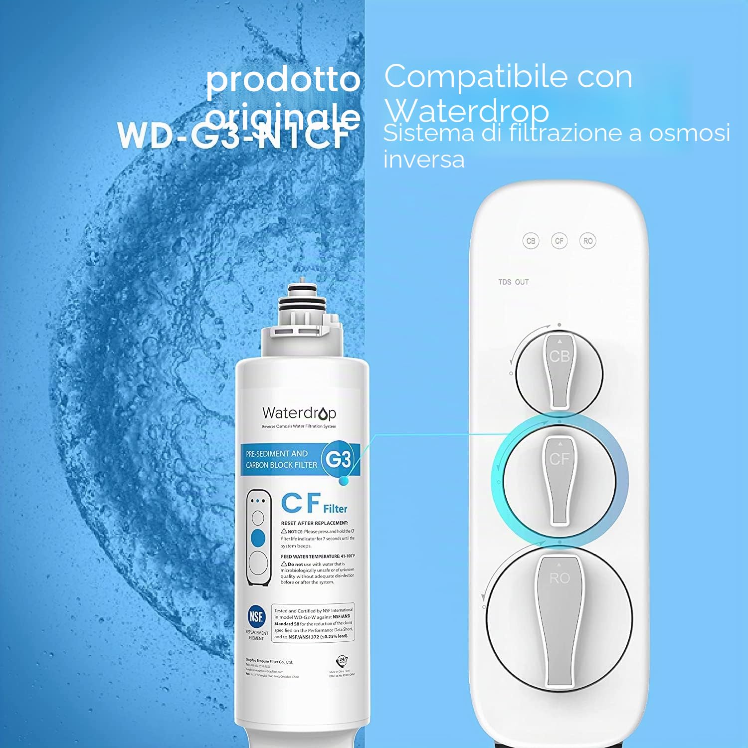 Waterdrop WD-G3-N1CF Filtro, Durata 6 Mesi, sostituzione per sistema ad osmosi inversa WD-G3-W