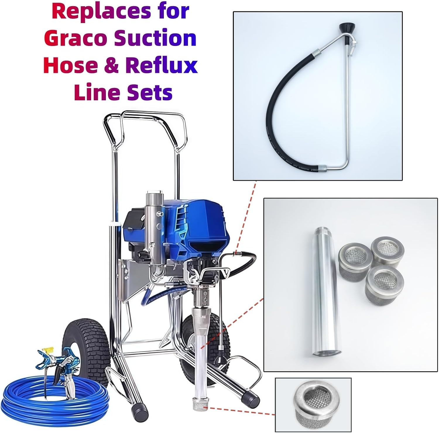 Replaces for Graco 695 Suction Hose & Reflux Line Sets - with 4PK 181072 1" NPT Thread Pump Inlet Strainer Screen Filters - Fits Graco 795 3900 1095 1595 5900 7900 Airless Paint Sprayer Accessories