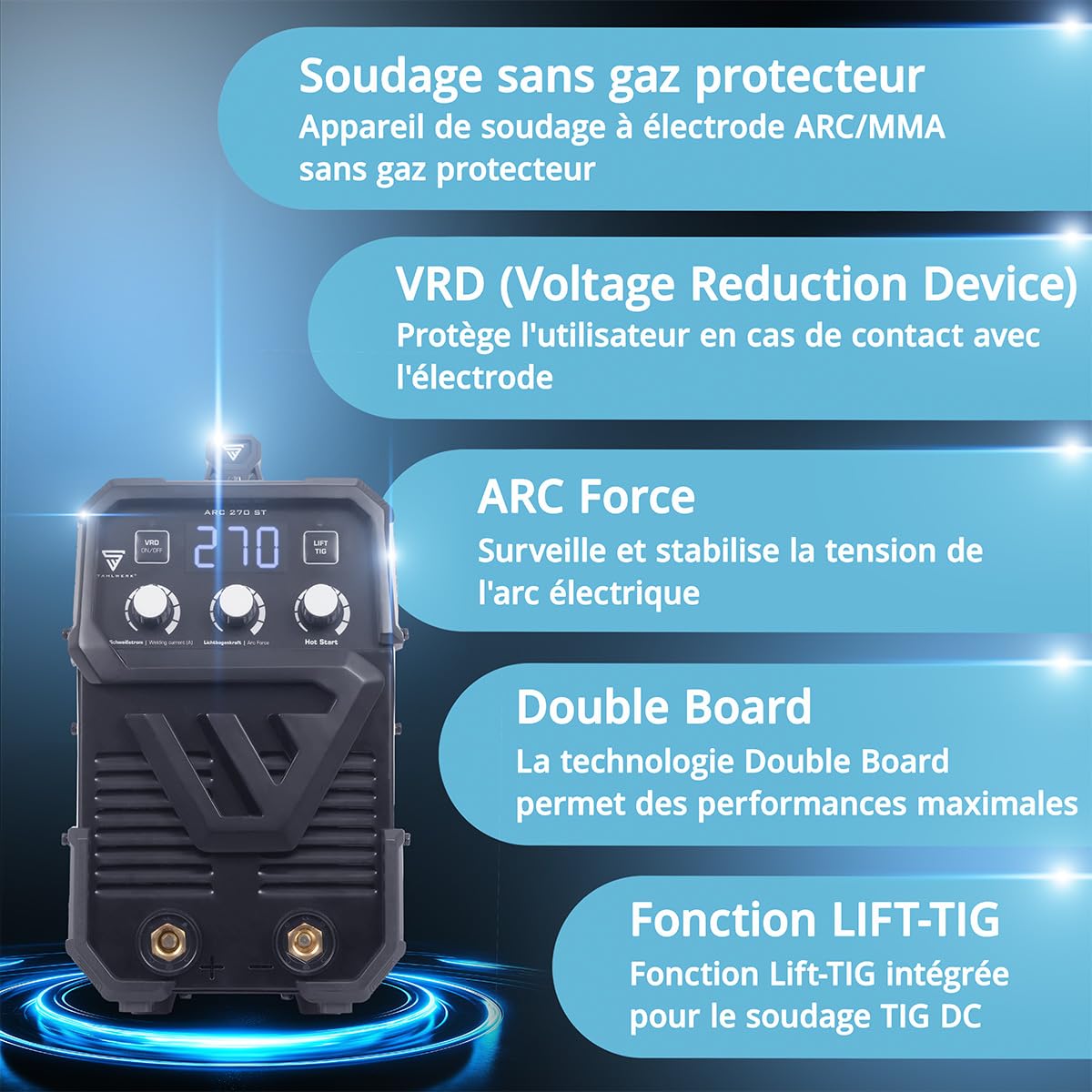 STAHLWERK Poste à souder à l'électrode ARC-270 ST – MMA jusqu'à 270 A, soudage sans gaz, Inverter Lift-TIG 400 V, protection surchauffe, Smart Cooling & contrôle de température intelligent (Blanc 1)