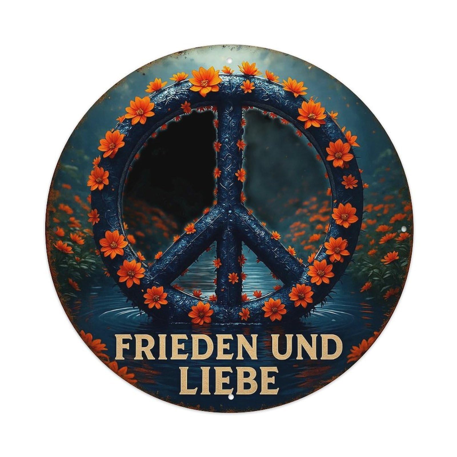 Peace Symbol With Flowers And Water Vintage Round Tin Sign Retro Metal Wall Decor Metal Poster, Home Bar Garage Cafe Wall Art Decoration 8x8Inches