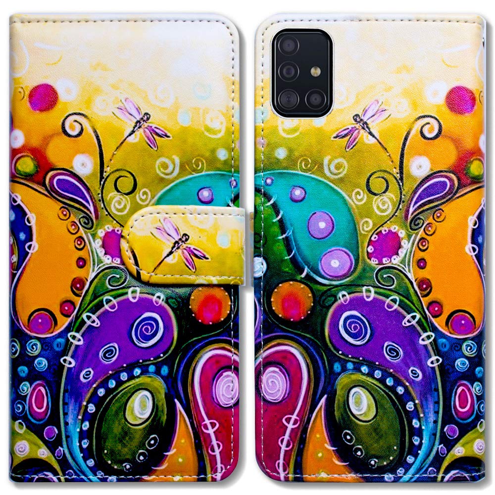 Bcov Galaxy A51 Case, Colorful Dragonfly Leather Flip Case Wallet Cover with Card Slot Holder Kickstand for Samsung Galaxy A51