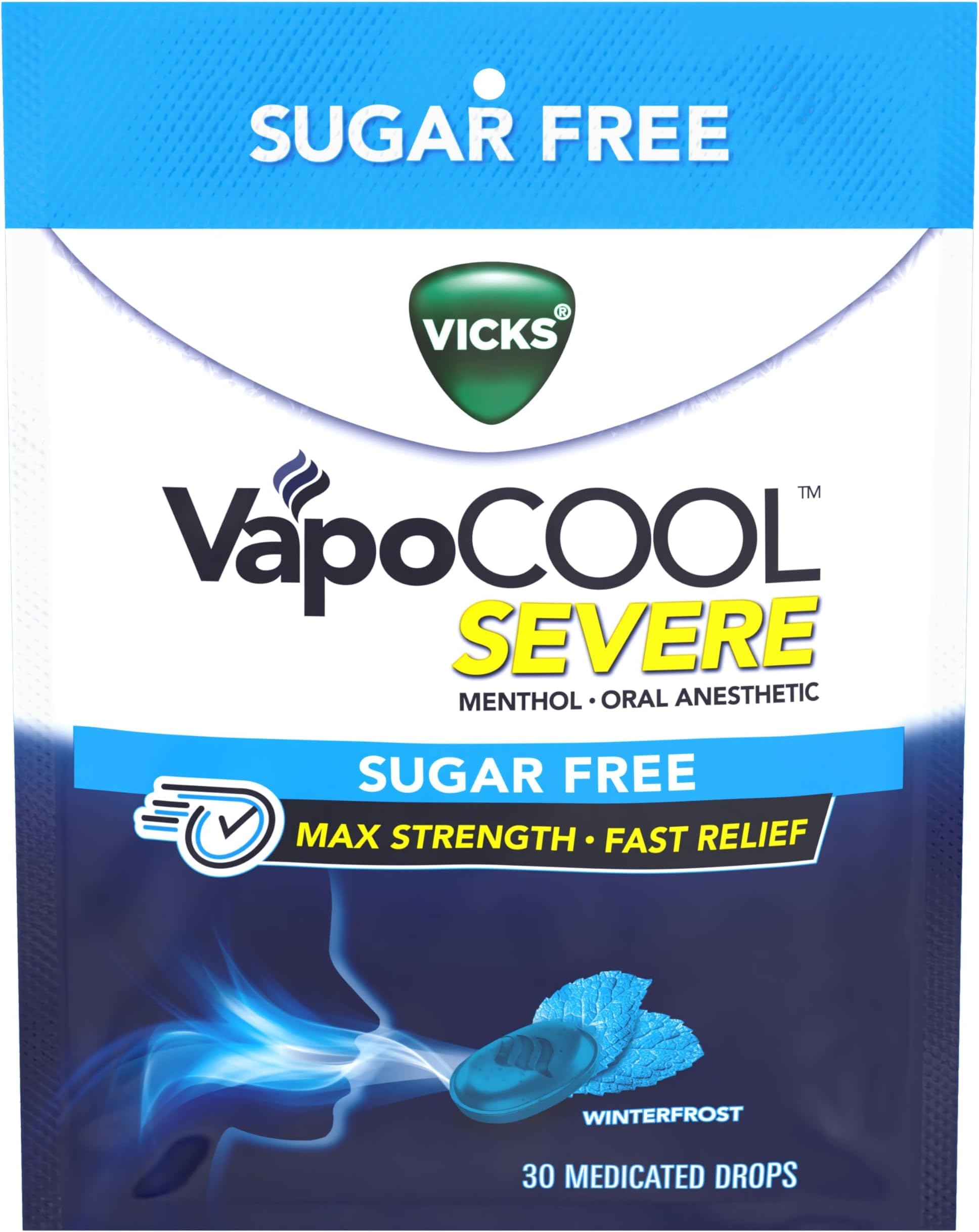 Vicks VapoCool Severe Sugar Free, Medicated Sore Throat Drops, Max Strength Menthol, Soothes Sore Throat Pain, Winterfrost Flavor, 30ct (Pack of 5)