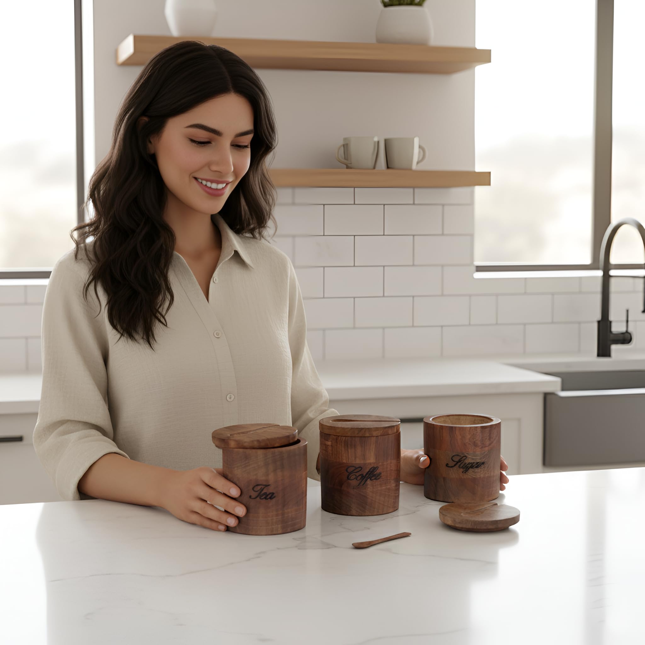 Barattolo in legno fatto a mano per tè, zucchero e caffè, contenitore in legno per tè e caffè, decorazione da cucina, barattolo in legno con testo inciso, confezione singola o