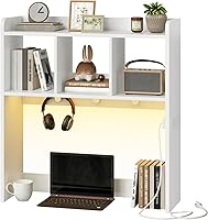 HOOBRO Desktop Bookshelf with Outlets & LED Lights - White Desk Hutch Organizer for Office, Home Study, Supports 27" Monitor, Model WT12UDSJ01