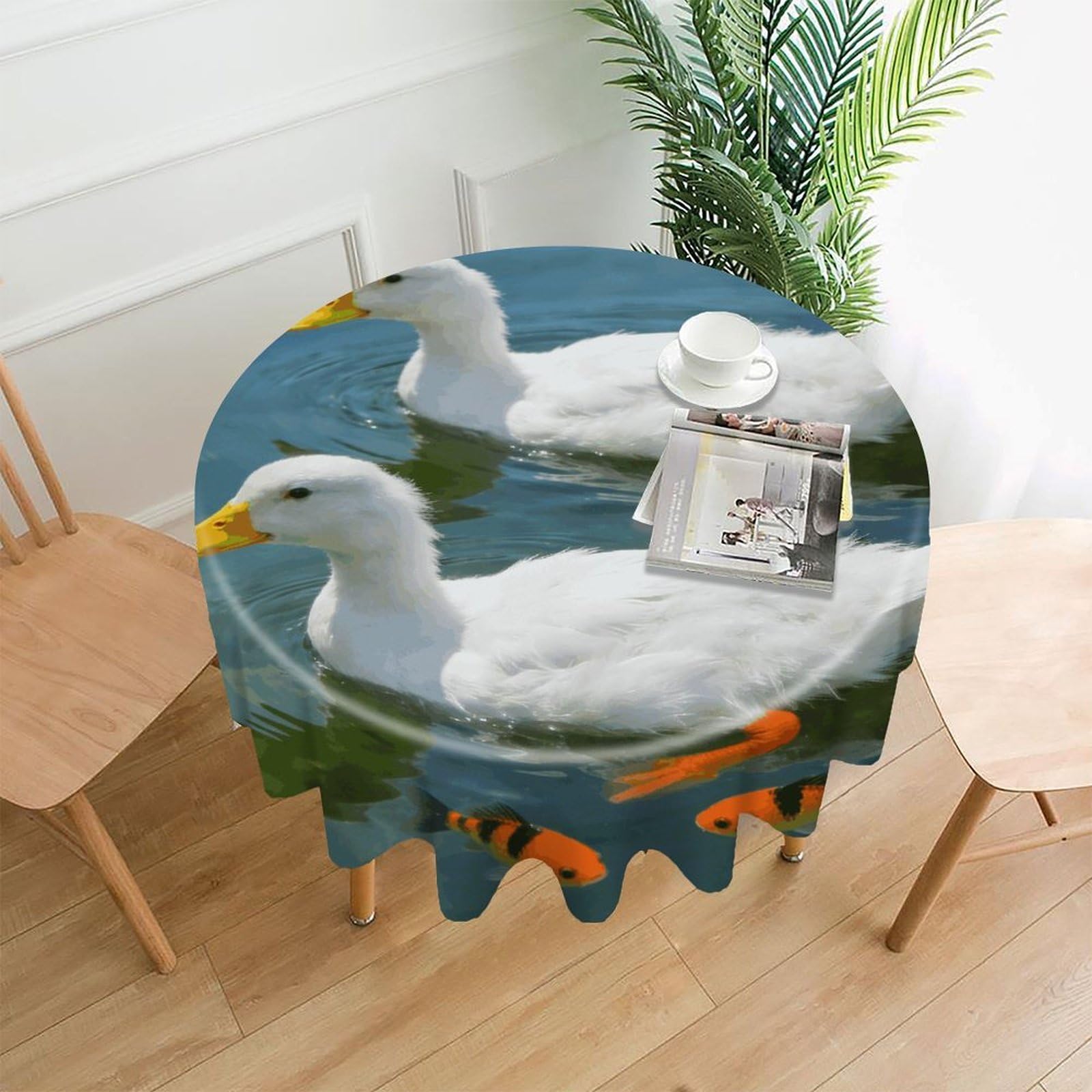 LDGSUPH Two Ducks Round Tablecloth Cover Washable Luxurious Fabric Table Cover Decor Wrinkle Free Fashion Round Table Cloth for Home Dining Kitchen Party 60 in