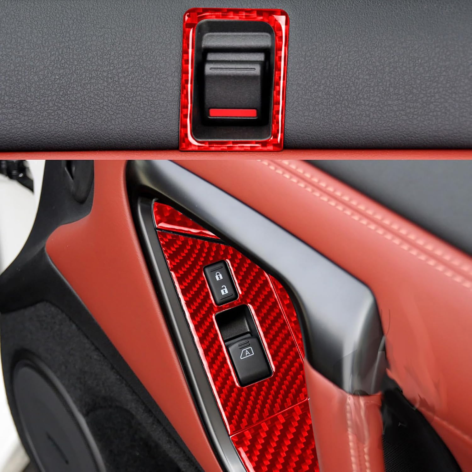 Car Window Lift Door Lock 6pcs Decals Red Carbon Fiber Accessories Compatible with Nissan GT-R R35 2008 2009 2010 2011 2012 2013 2014 2015 2016