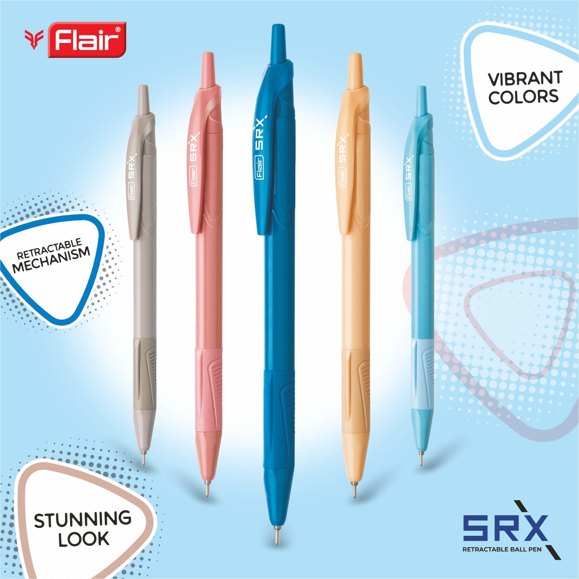 Flair Srx 0.7mm Retractable Ball Pen Blister Pack | Triangular Body Design For Better Grip | Light Weight Refillable | Smooth Writing Experience | Vibrant Solid Body Colours | Blue Ink, Pack of 10 Pen — Amazon image 2