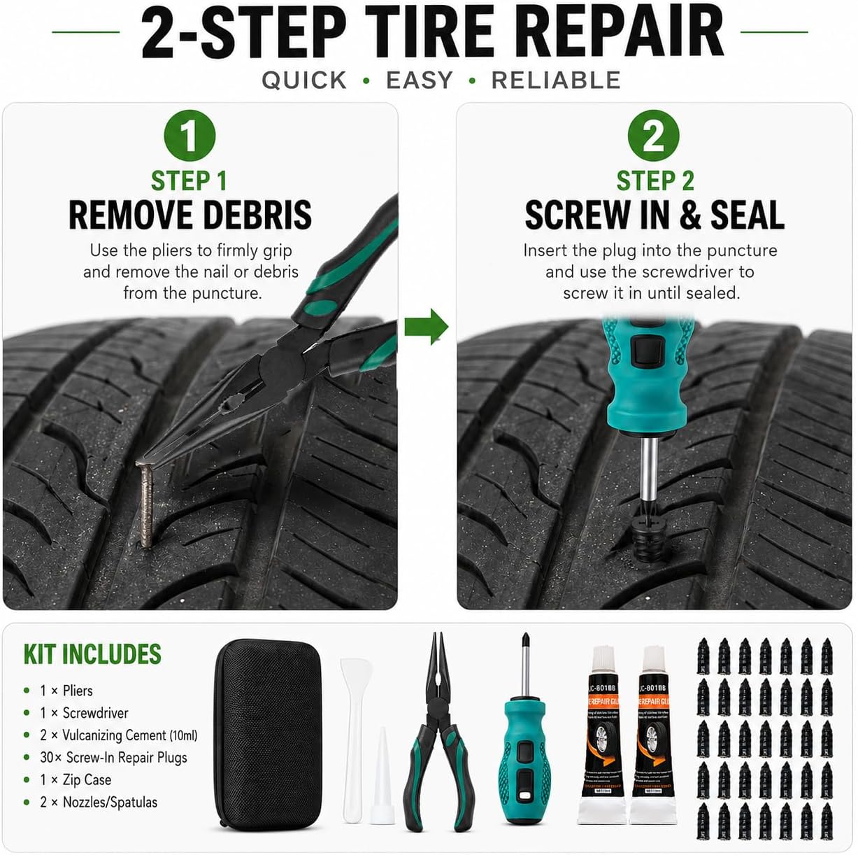 Tire Repair Screws Kit, Screw in Tire Plugs for Emergency Puncture Repair, Rubber Nail Screw in Tire Plug Kit with Pliers, Screwdriver & Rubber Cement for Tubeless Tires