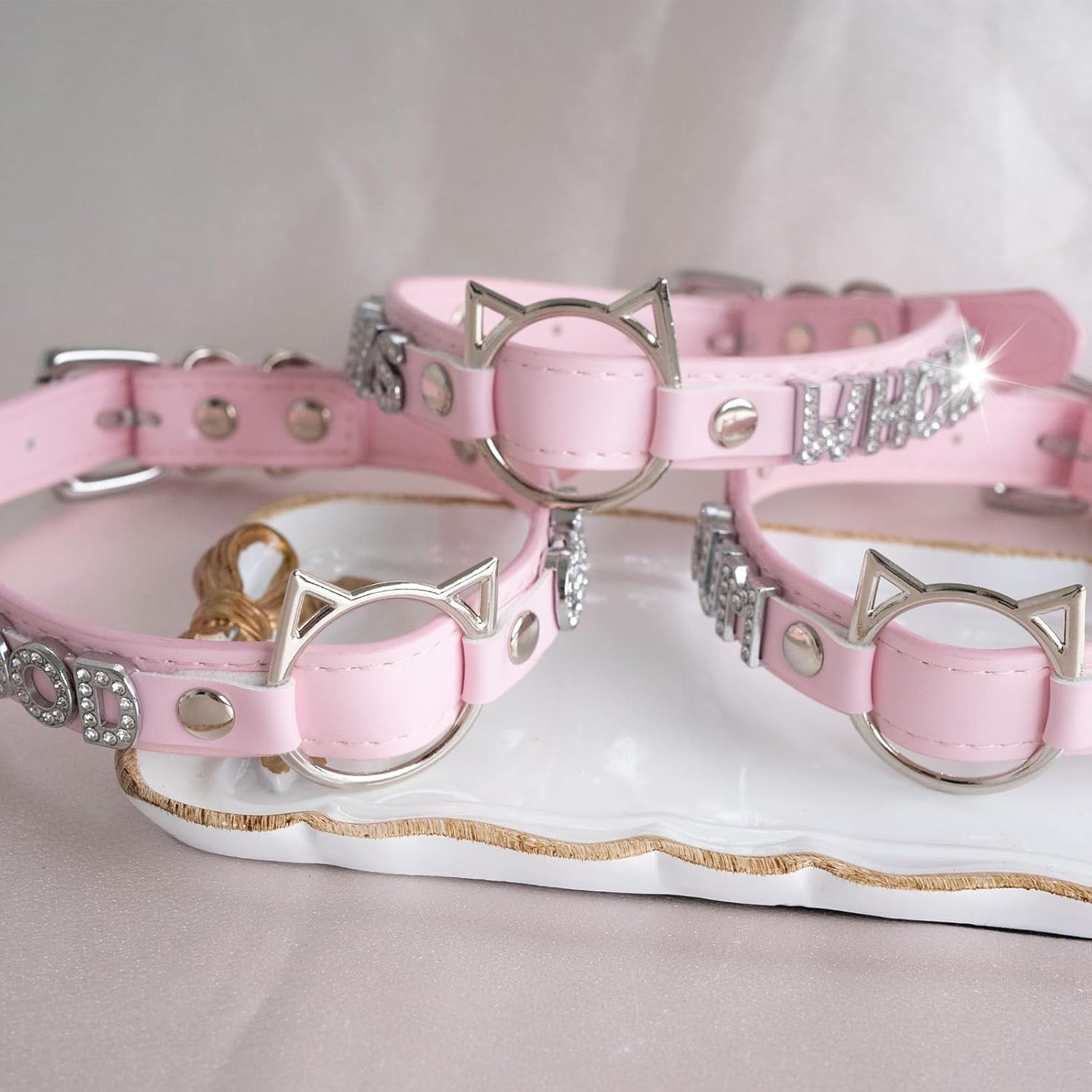 Black O-ring Choker Collar For Women, Pink Vegan Leather Choker Necklace Jewelry with Cat-shaped Ring and Rhinestone Letters - Image 4