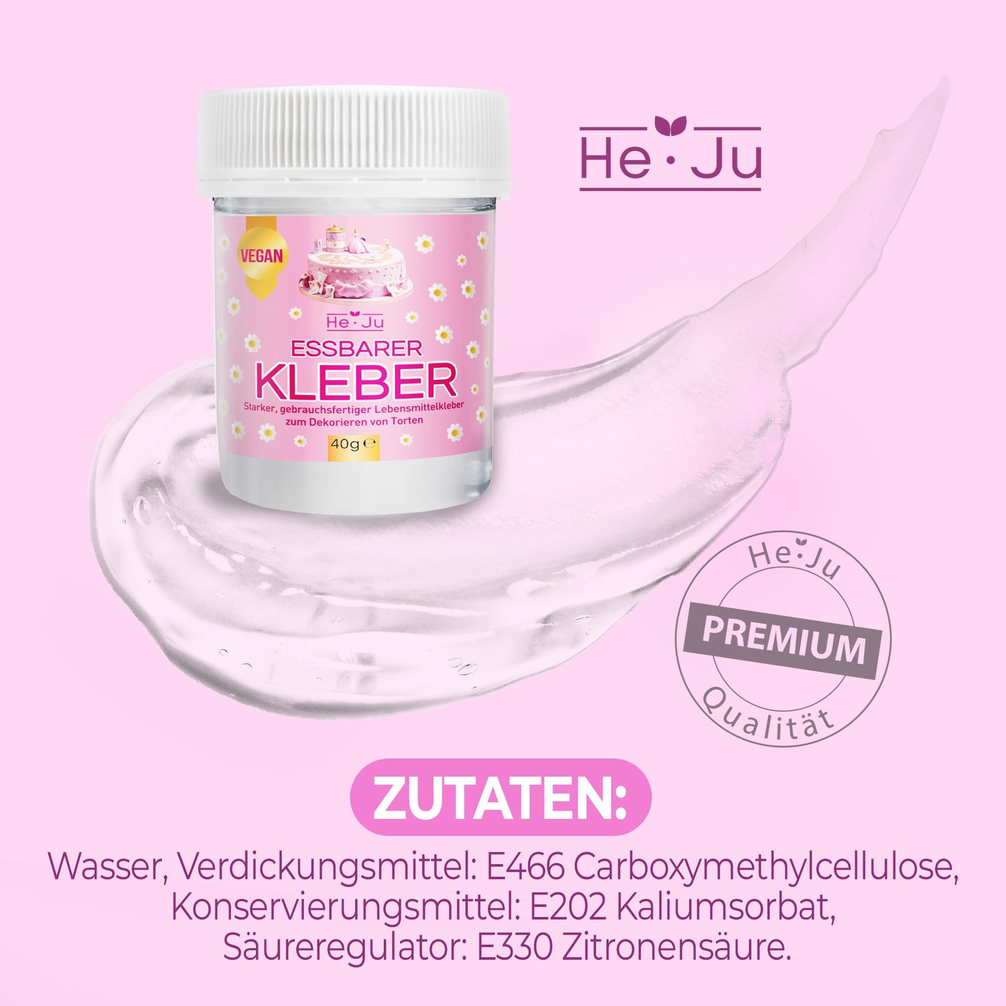 He-Ju Klej spożywczy jadalny 1 x 40 g, jadalny klej, przezroczysty i wegański do dekorowania tortów z motywem, lukru, masy cukrowej i wielu innych, bez żelatyny