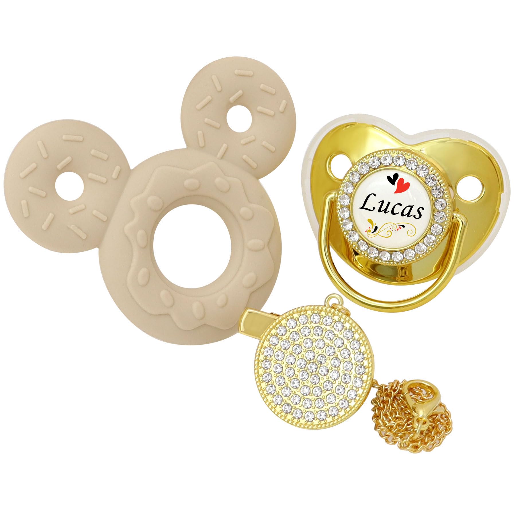 Personalized Pacifier And Pacifier Clip Set With Name,Custom Pacifier,Custom Name & Chain?Silicone Teethers Toys, Luxurious Ideal Gift For Newborns (Golden)