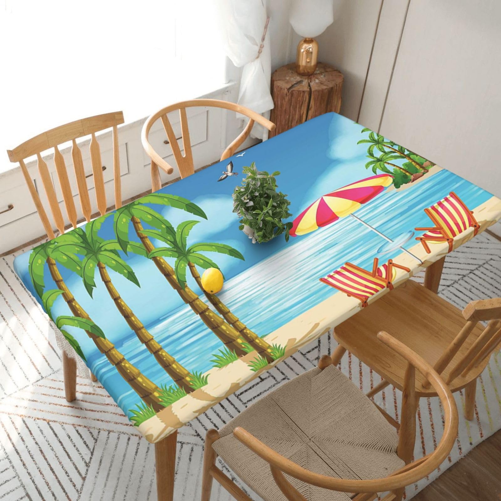 DCEHGEW Elastic Fitted Rectangle Tablecloth for 5ft Tables, Tropical Palm Tree Printed Oilproof & Washable Fabric Picnic Table Cloth Table Covers