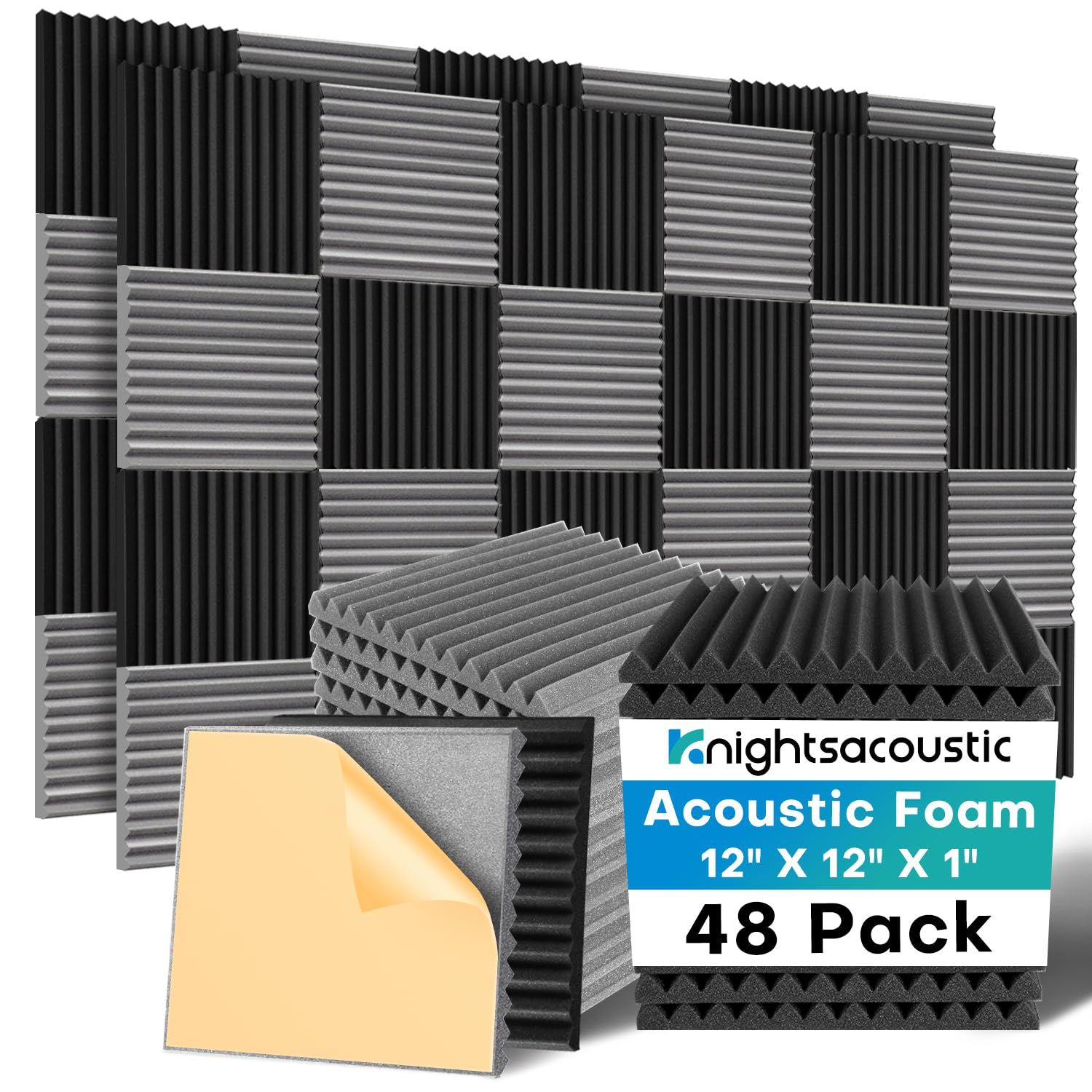 Knightsacoustic 48 Pack Sound Proof Foam Panels for Walls with Self Adhesive, 12x12x1 Acoustic Foam Panels, High Density Acoustic Panels Sound Absorbing, Fire Resistant Studio Sound Proofing Black