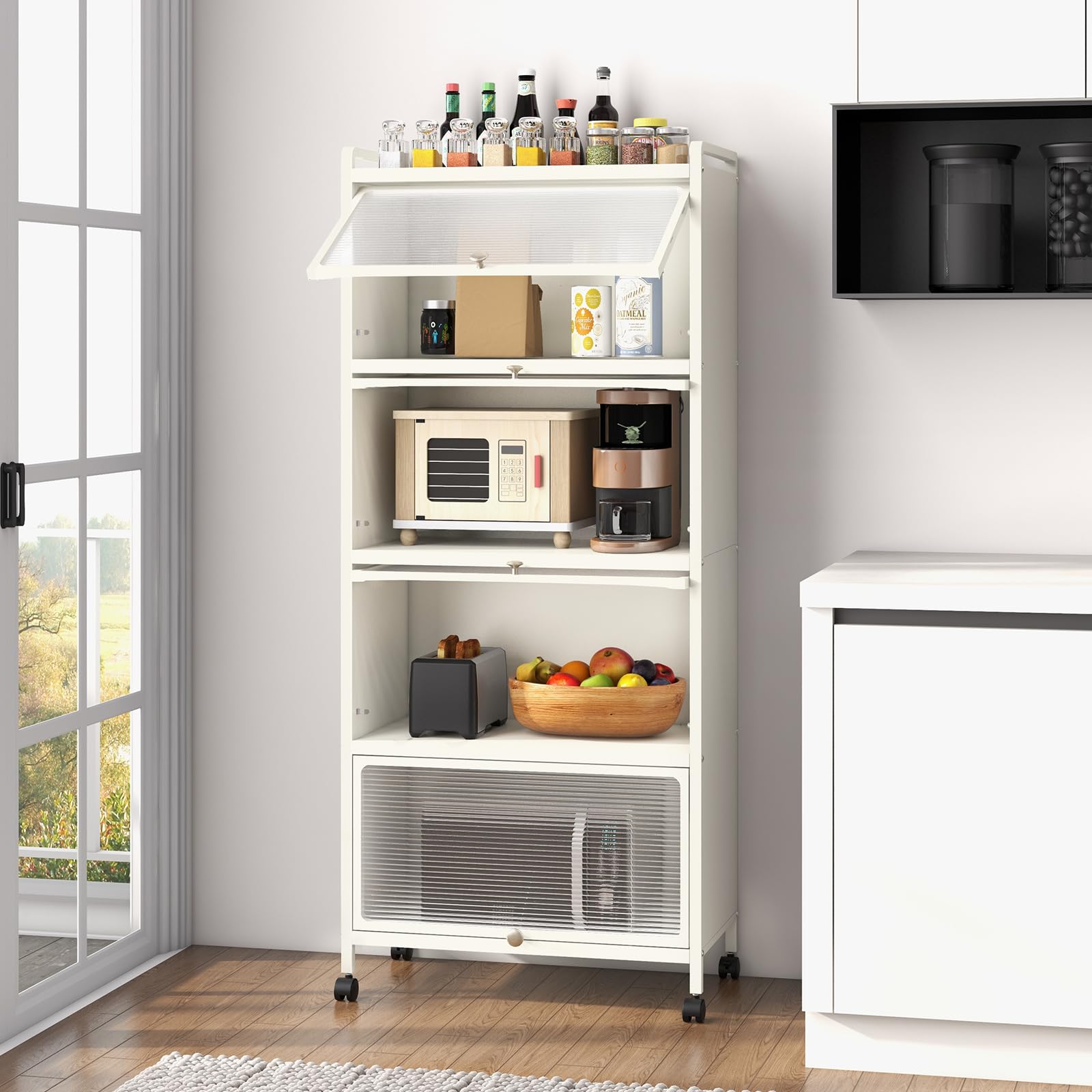 KOMFOTTEU Armoire à Porte Mobile, 5 Niveaux, Fer, 60 x 32 x 154 cm, Blanc | Étagère de Cuisine, 4 roulettes, Meuble de Rangement, Kit Anti-basculement, Salon, Salle à Manger