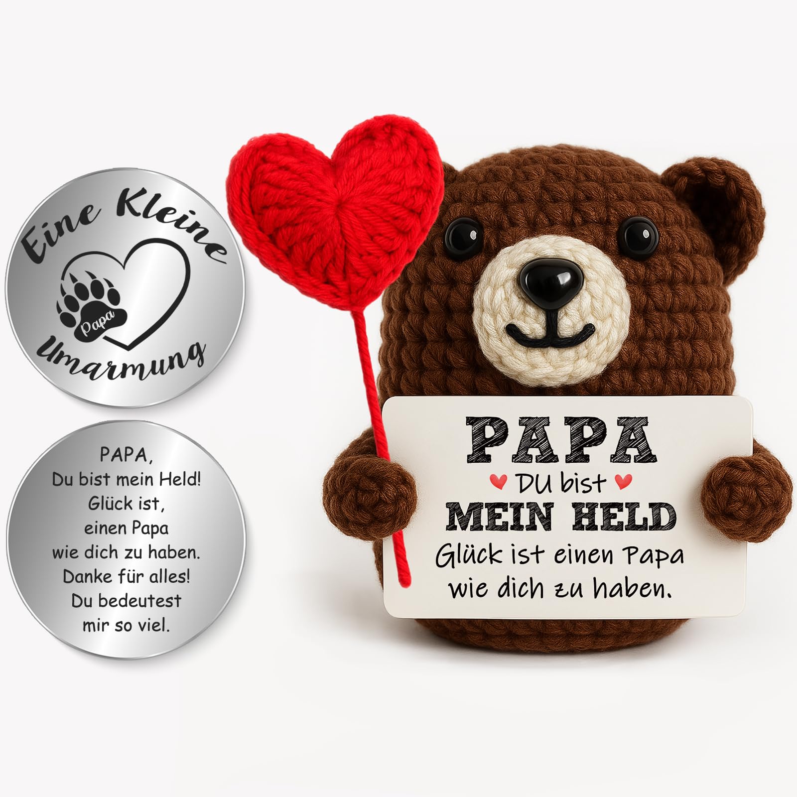 Tixlux Vatertagsgeschenk für Papa Glücklicher Bär mit Herz, Handgefertigte Strickwolle Bär-Figur mit Umarmung Glücksbringer, Aufmunterndes Geschenk für Papa, Vatertag, Gute Besserung, Weihnachten