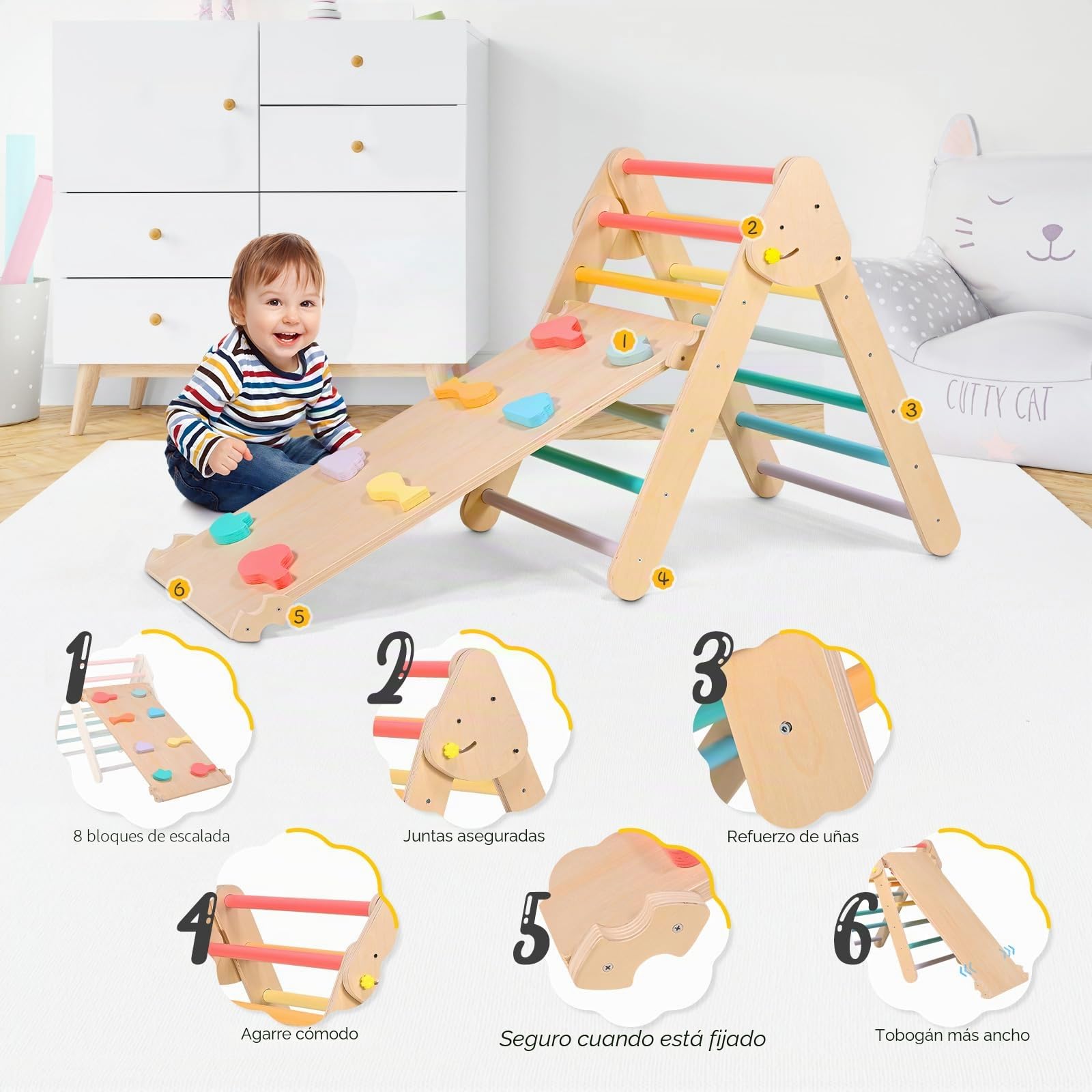Escalera de Escalada Triangular Plegable, Swing de Madera, Juguete de Escalada Montessori, Carga 50kg para Interiores y Exteriores (2 en 1)
