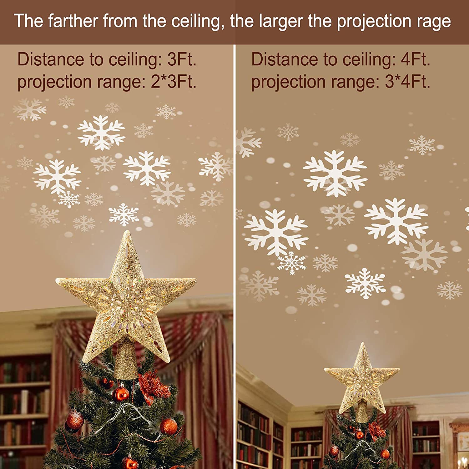 Christmas Star Tree Topper with Builtin Led Snowflake Projector Lights
