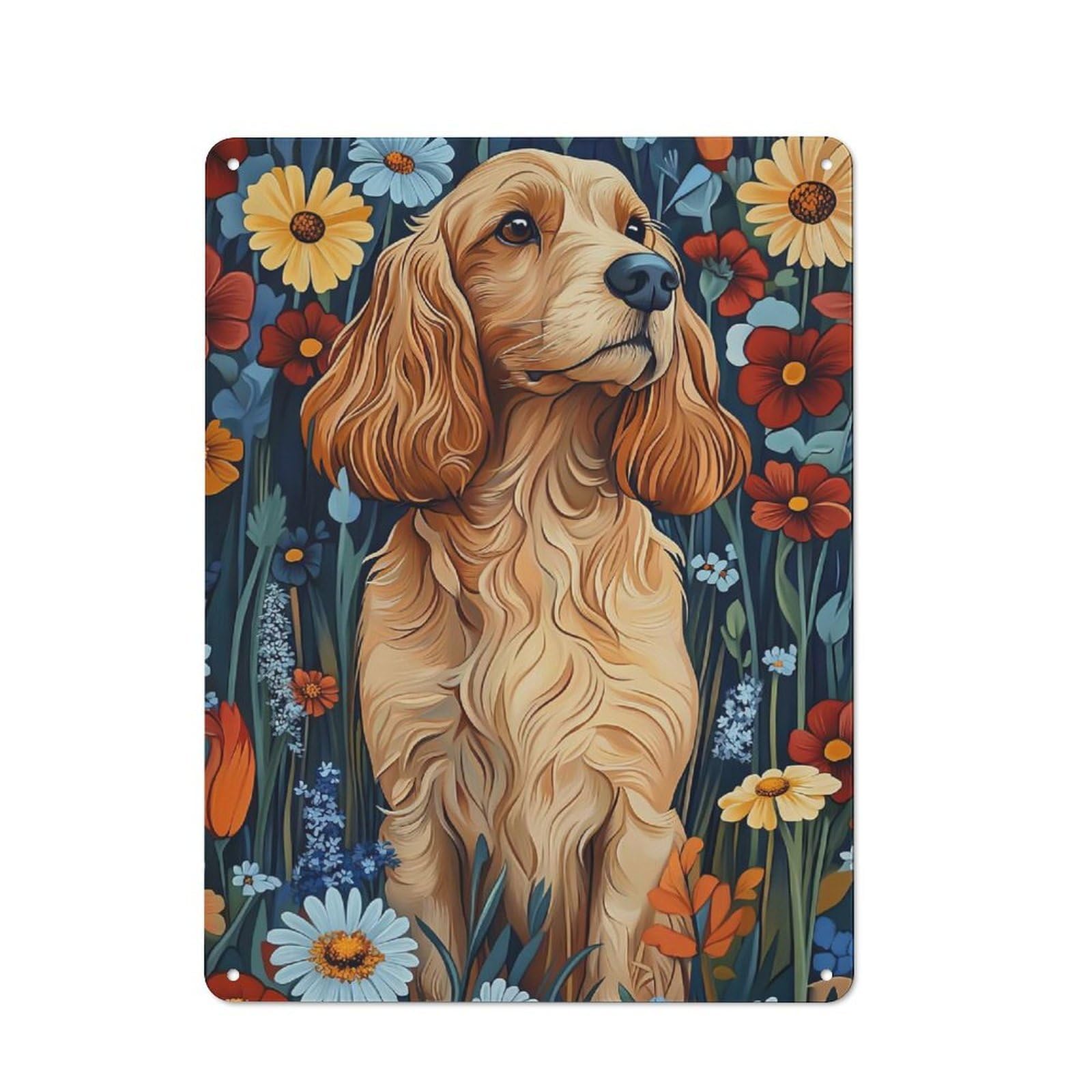 Junmoney Cocker Spaniel In Meadow Flowers Dog Wall Ar T Print Vintage Metal Wall Decor 40X30cm, Tin Sign For Cafe, Pub, Workshop Or Home Bar, For Casual British Interiors