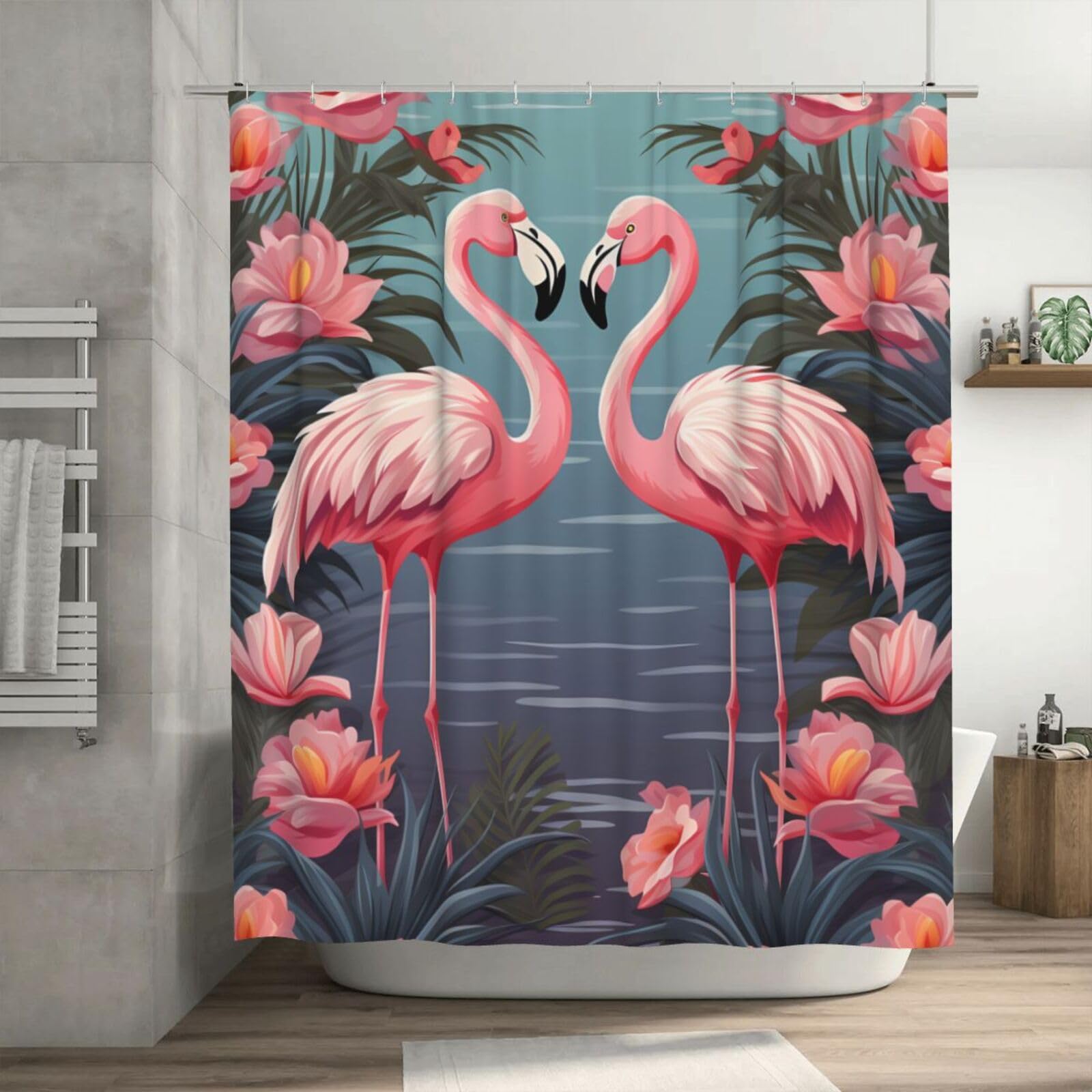 Rideau de douche anti éclaboussures épais et déperlant avec motifs tropicaux et ses 12 anneaux