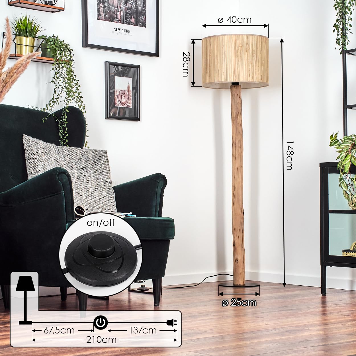 HOFSTEIN Stehleuchte Bongal, Stehlampe aus Holz/Metall im skandinavischen Design, Boho-Style, Schirm aus Seegras, Ø 40 cm, E27, 148 cm, mit Fußschalter - Wohnzimmer, Schlafzimmer, Esszimmer, Flur