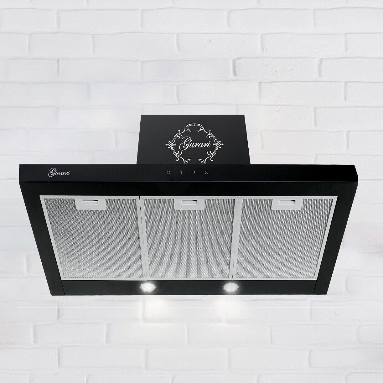 Gurari Wandafzuigkap GCH 462 is 9 Prime, afzuigkap van roestvrij staal 90 cm /zwart glazen paneel, afzuigkap 1000 m³/u, 3 niveaus, afzuigkap, muffe luchtafzuigkap, gerecyclede luchtkap