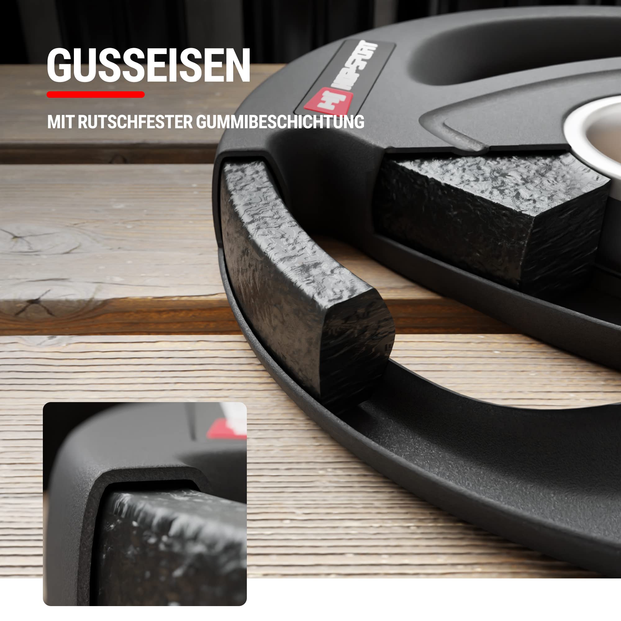 Hop-Sport Hantelscheiben 50mm Set, olympische Gewichtsscheiben aus Gusseisen für Langhantelstangen, Bumper Plates mit rutschfester gummierter Oberfläche für Krafttraining | 30 kg Set (2 x 15 kg)