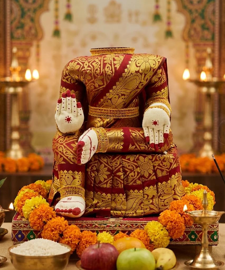 Varalakshmi Amman Idol/Body/Decorative Ammavari Idols Gold Saree for Pooja Showpiece (12 Inches), Fabric-image-15