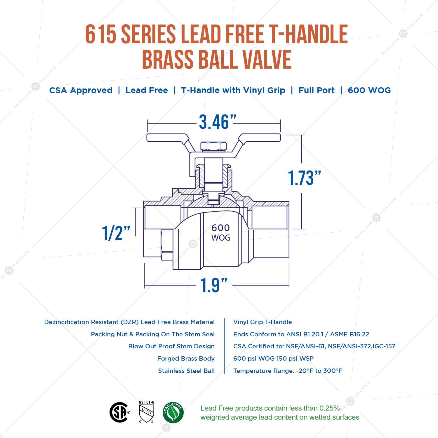 Midline Valve 837C234-NL-10 Premium Full Port Ball Valve with T-Handle, Brass, 1/2 in. SWT x 1/2 in. SWT (10 Pack)