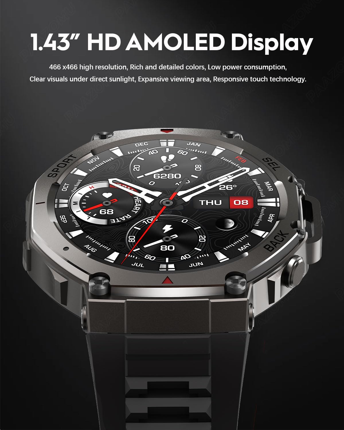 paazomu GPS Smartwatch – 50M Waterproof Outdoor Sports Watch with AMOLED Display, Heart Rate Monitor, 170+ Sports Modes, Compass, 500mAh Battery (Black)