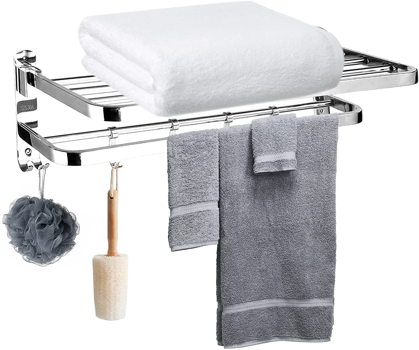 Bathroom Towel Rack Set with 5 Removable Hook,Folding Towel Bars Wall Mount Holder,Anti-rust Water-proof,SUS 304 Stainless Steel,Strong load-bearing,Toilet Bathroom Bath Towel Cleaning Tools Holder