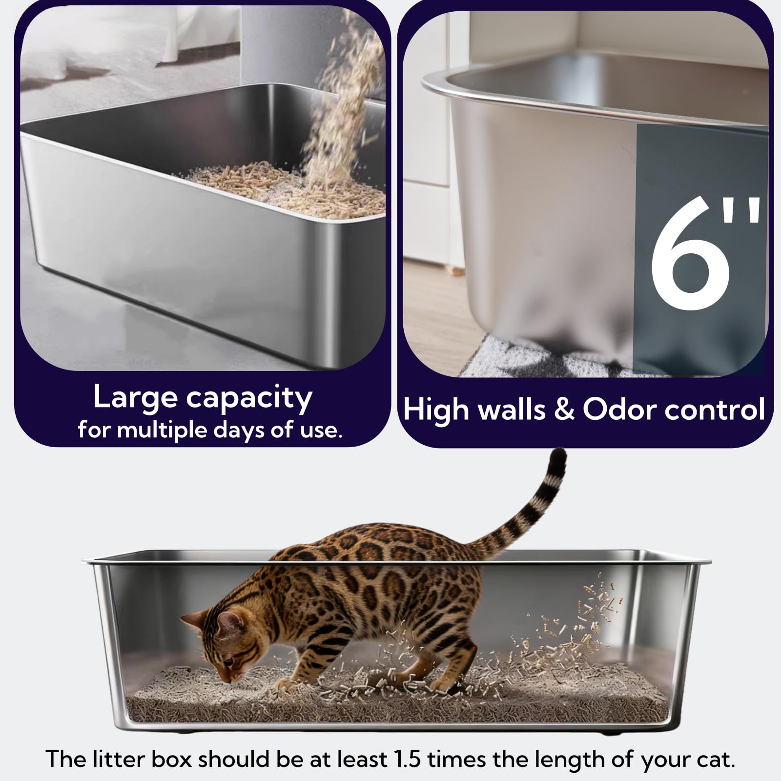 Paquete de 2 cajas de arena para gatos de acero inoxidable con lados altos, bandeja de metal para gatos, bandeja grande de arena para interiores, nunca absorbe el olor, suministros de inodoro