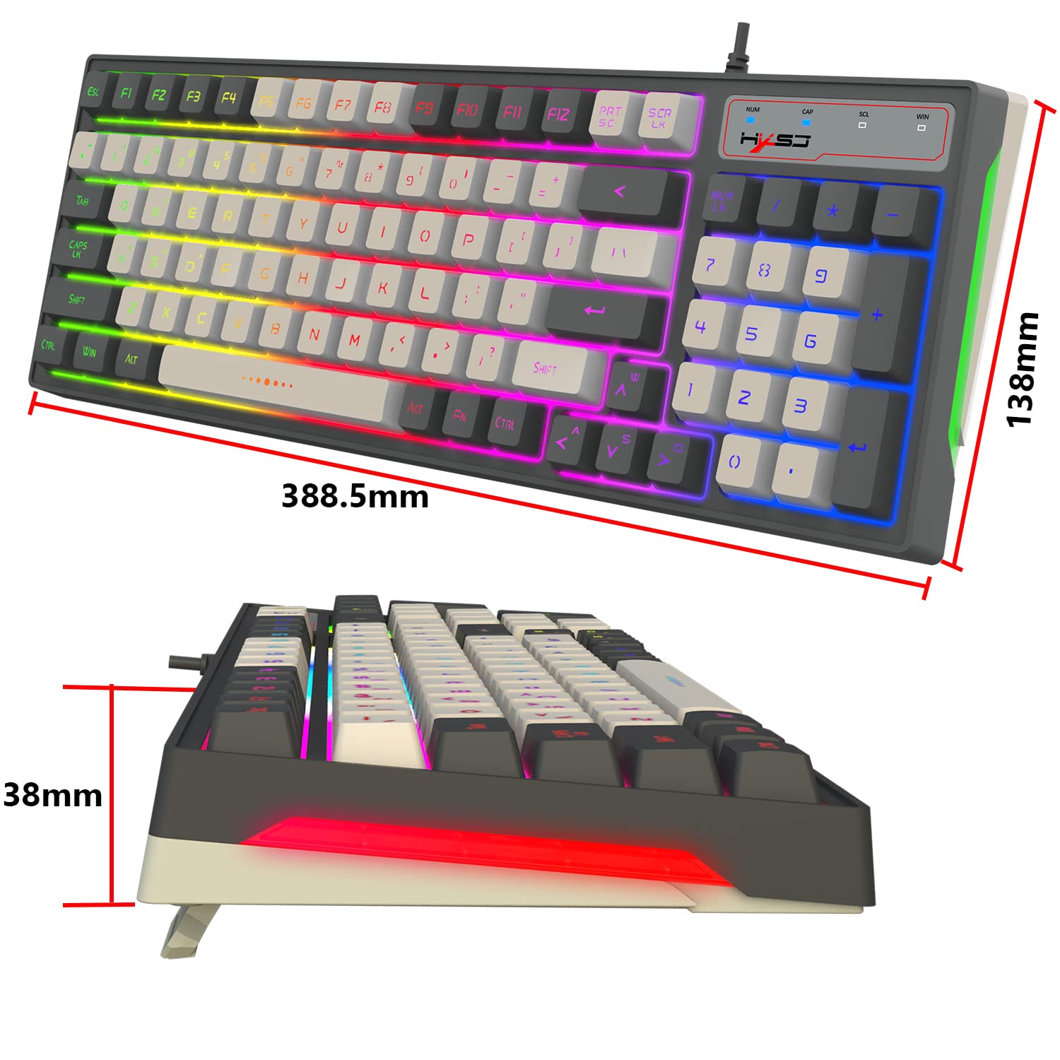 Przewodowa klawiatura do gier LED RGB Backlit, klawiatura z klawiszami skrótu, klawisze antyghostingowe, multimedialne, ergonomiczne, odłączane klawisze, 96 klawiszy, do komputera stacjonarnego i
