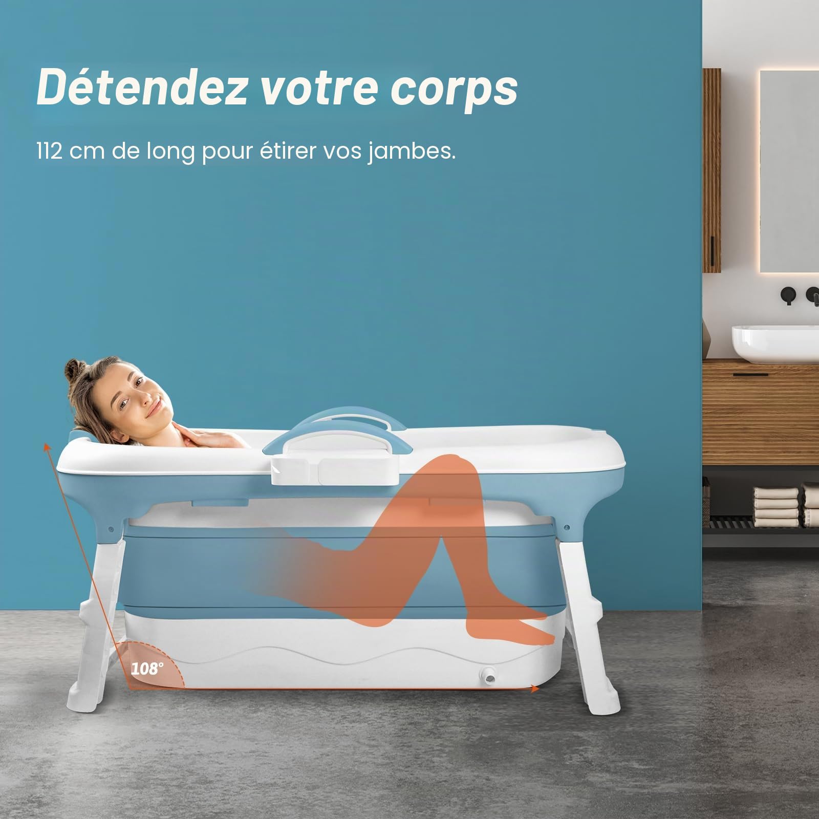 Baignoire Pliable pour Adulte - 148 x 62 x 53 cm - Mobile avec Couvercle - Panier à Savon Portable - Roulettes de Massage - Idéal pour Petites Salles de Bains