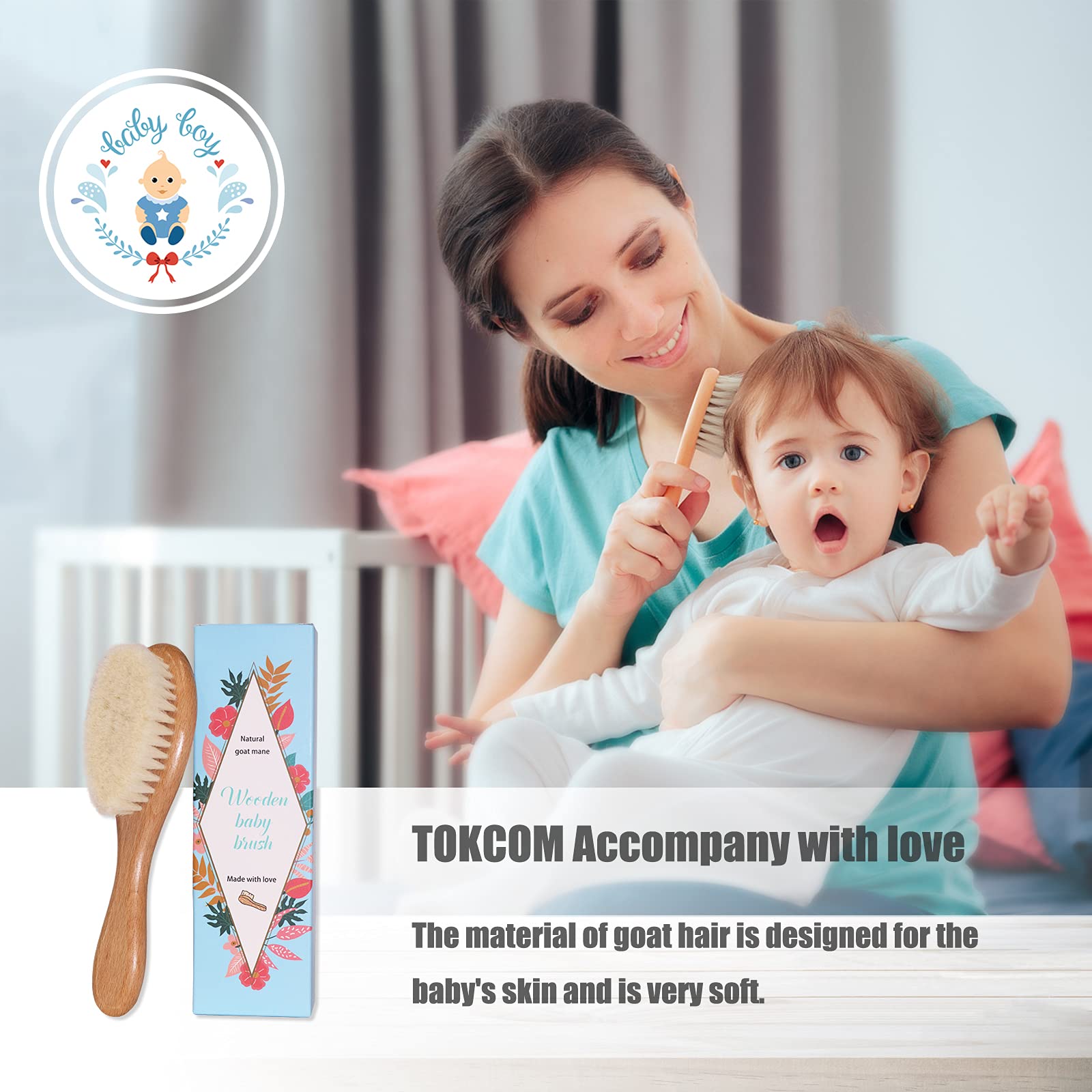 Spazzola per capelli per bebè, Spazzola per massaggi per bebè con manico in legno e setole di capra super morbide per neonati e bambini piccoli