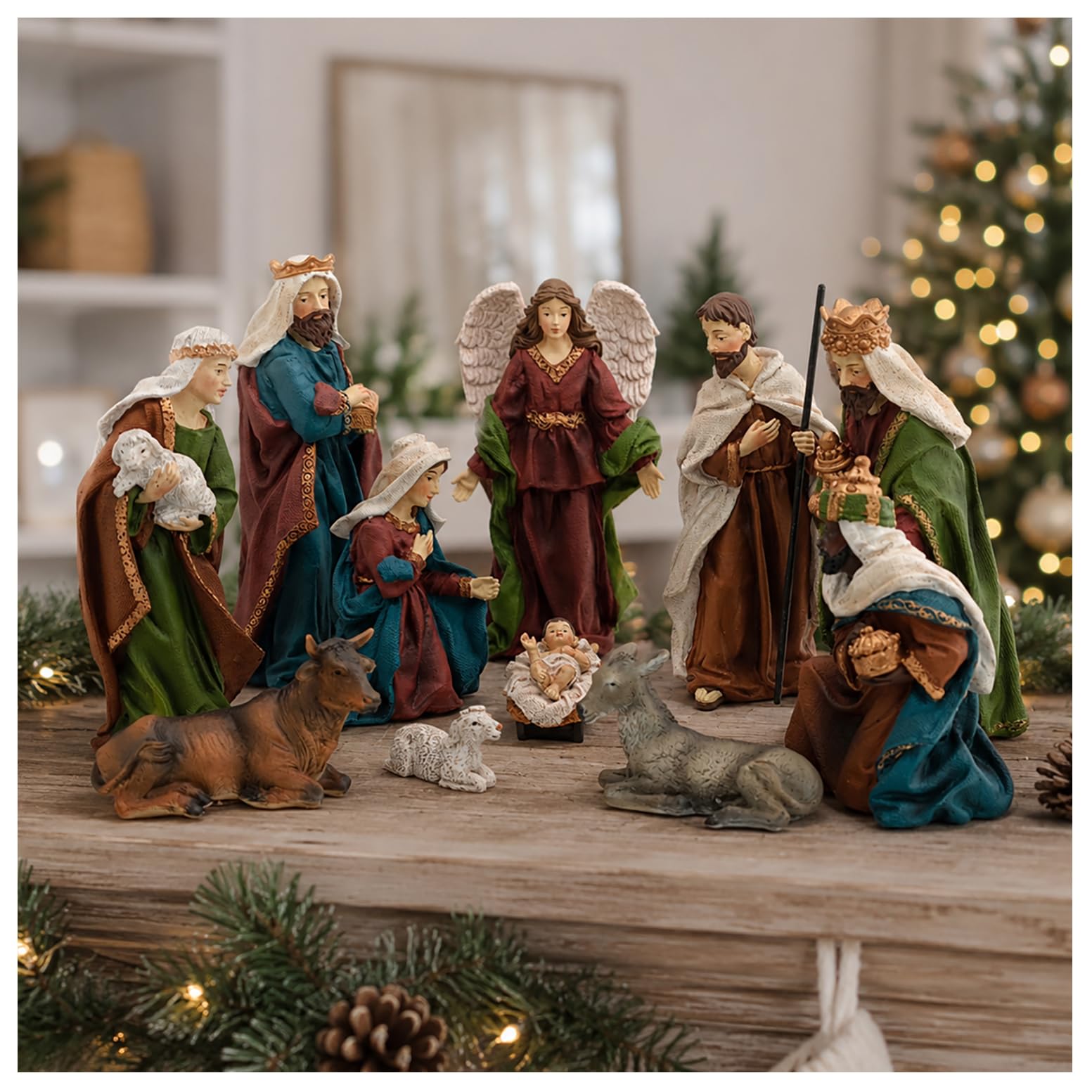 Crèche de Noël 11 pièces de 22,9 cm de haut, grande crèche de Noël Sainte | Figurines religieuses en résine peintes à la main avec bébé Jésus, Marie, Joseph, ange et mages pour décoration de table