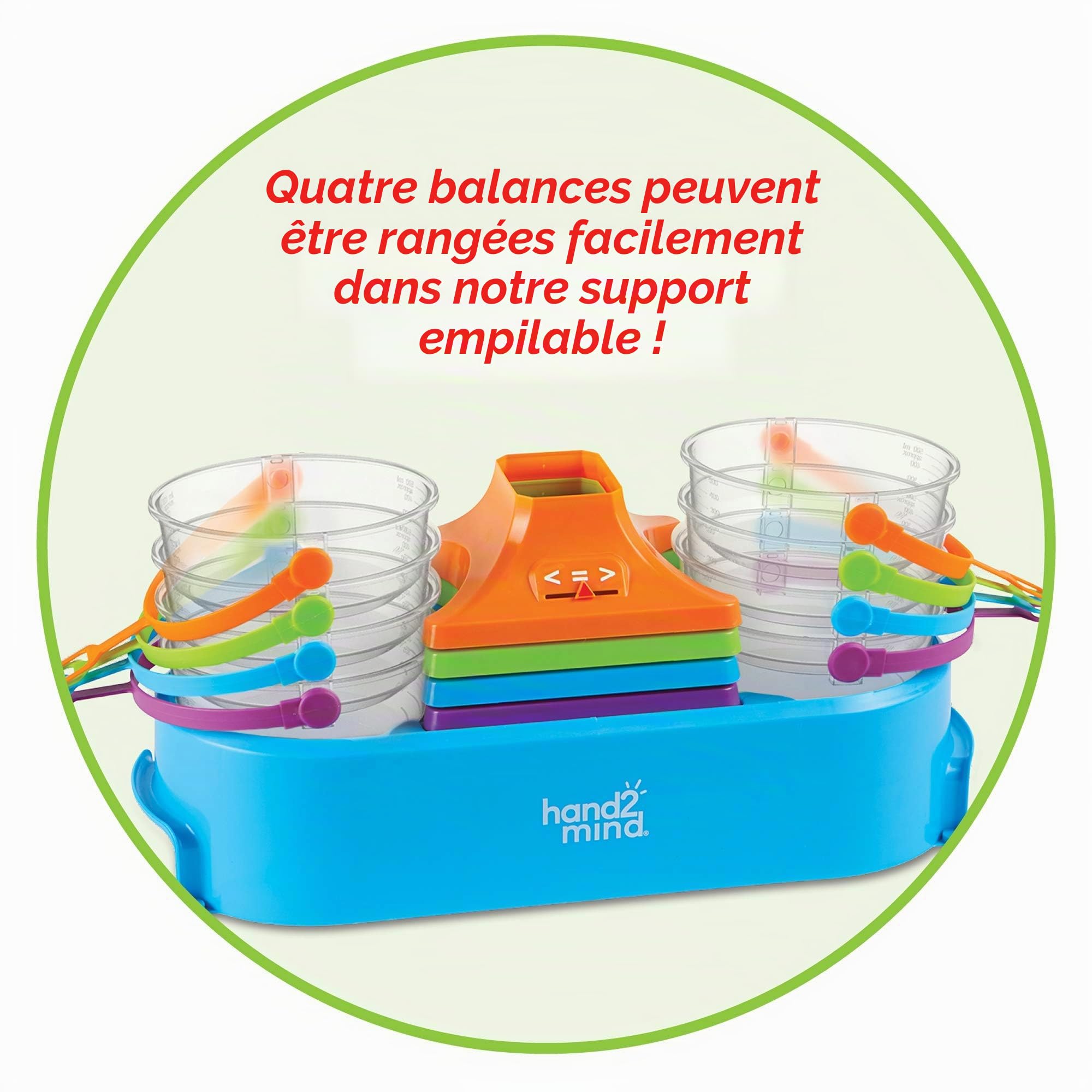 Jeu de 4 balances à plateaux empilables de Learning Resources, balance à deux plateaux transparents pour liquides et solides, balance pour enfants facile à monter, base de rangement compacte
