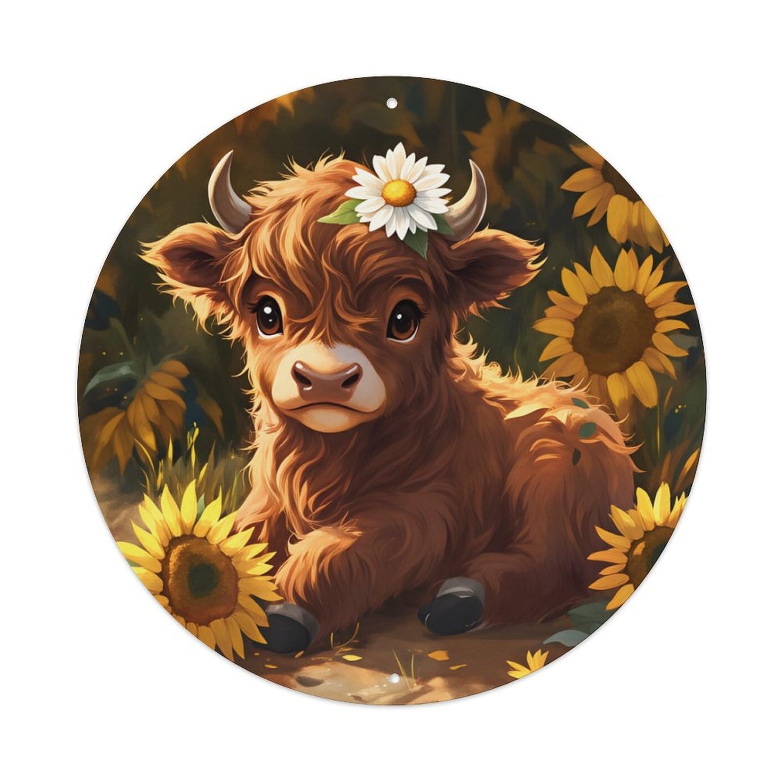 Cute Bull With Daisy And Sunflowers Round Tin Sign Retro Metal Sign for Cafe Bar Pub Home Game Room Gym Club Wall Decoration Vintage Metal Poster 8x8 Inch