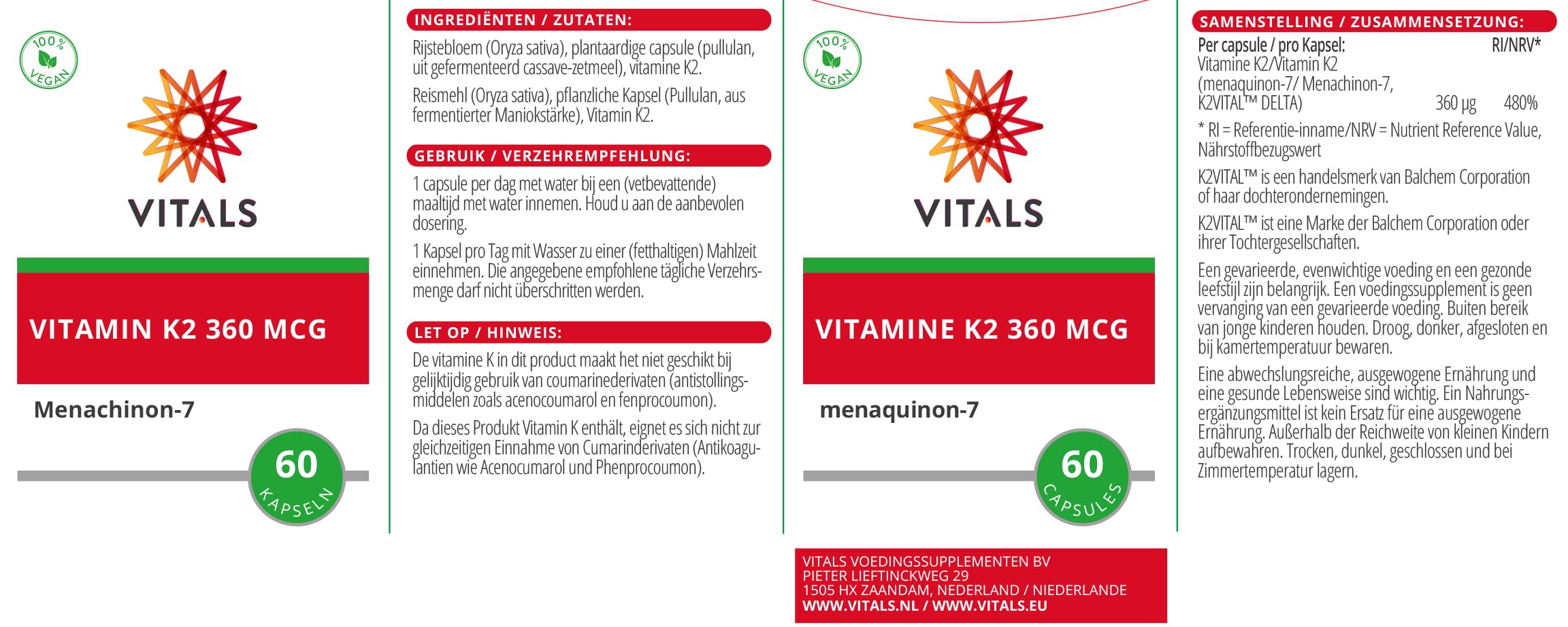 Vitals - Vitamin K2 360 mcg 60 Kapseln. Höhere Dosierung von Vitamin K2 in der überlegenen Form von Menachinon-7 (MK-7).