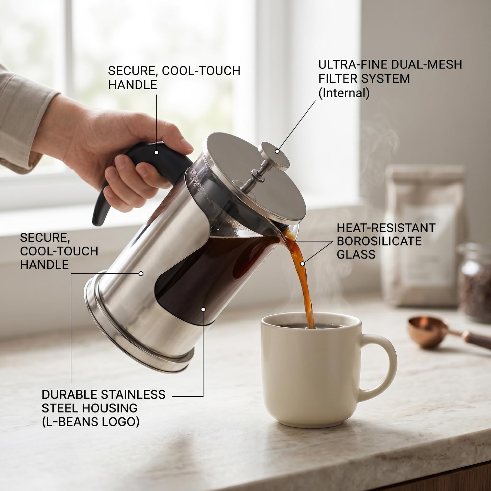 Zunate Cafetière à Pression Française, Filtre en Acier Inoxydable, Cafetière en Verre pour la Maison, le Bureau et le Camping, 800ml (Acier inoxydable 304 800 ml)
