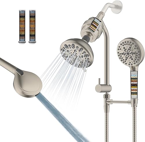 Miniatura 9 de Cabezales de ducha filtrados, cabezal de ducha doble de metal con combo de repuesto de mano de fácil alcance, alta presión de 3 vías, 70 modos,