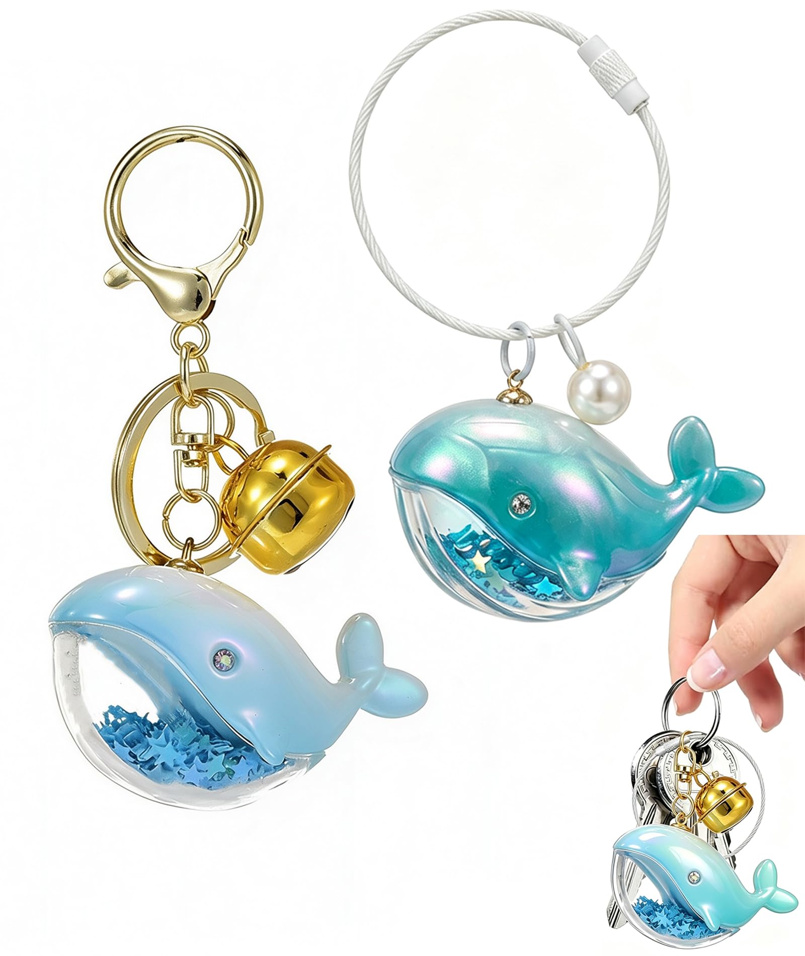 2-Piece Wifty Whale Keychain, Whale Keychain Set - Acrylic Keyring and Animal Bag Charm with Bell, Easy-Press Light Gold Clasp Car Key Pendant for Backpacks and Purses, Blue-image-10