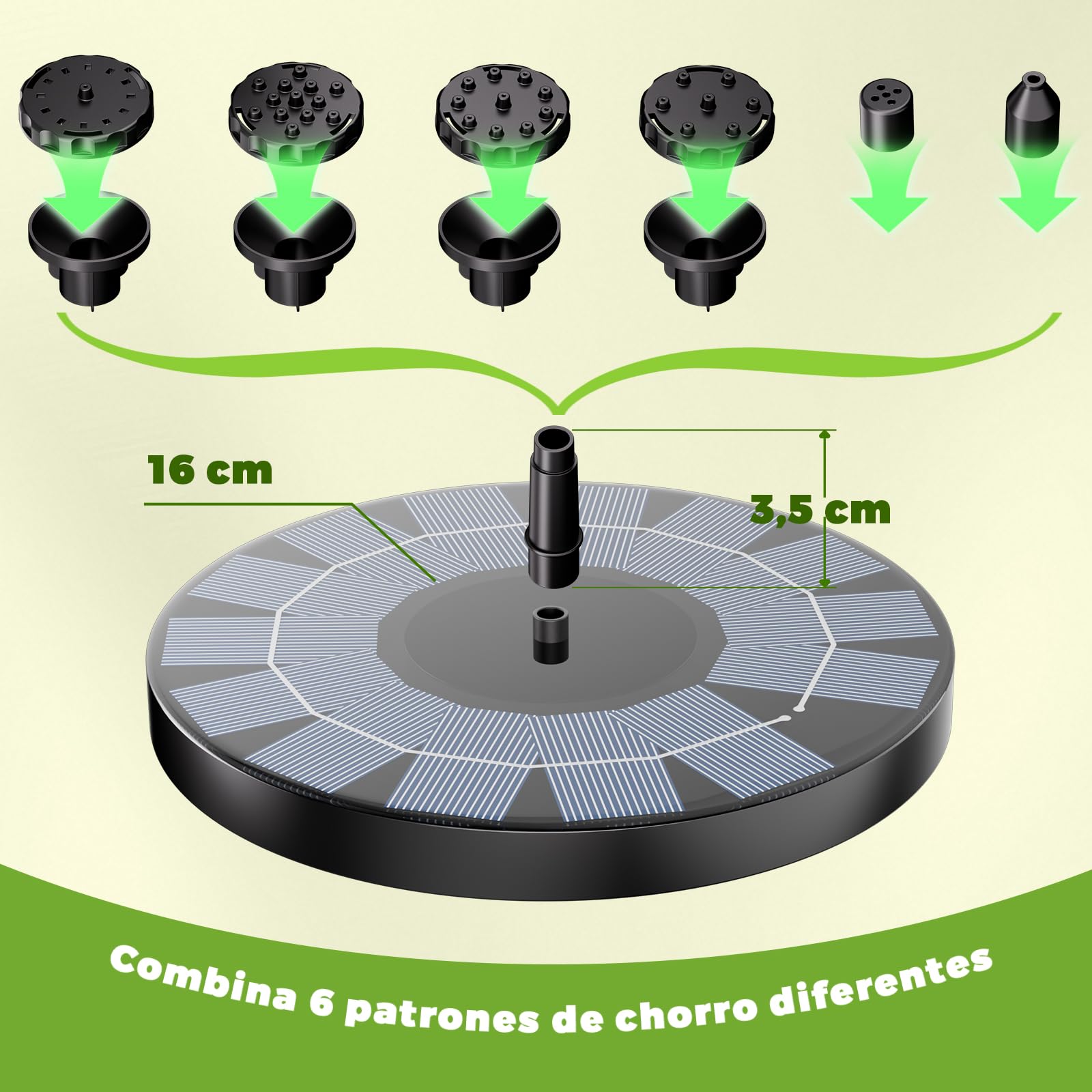 AISITIN Fuente Solar Jardin Exterior 2,5 W, Fuentes Solares de Jardin con 6 Boquillas y Varios Efectos de Rociado, Bomba de Agua Flotante para Piscina,Baño de Pájaros, Estanque(1PCS)