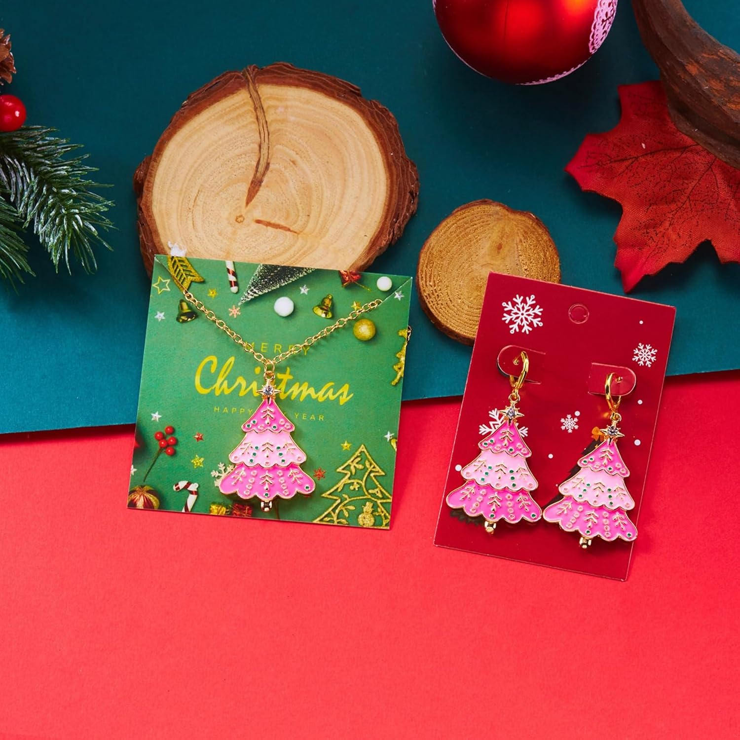 Christmas Tree Jewelry Set for Women Charm Enamel Pink Green Tree Snowflake Light Bulb Stars Glitter Dangle Drop Earrings Necklace for Xmas New Year Party Festival Holiday Jewelry Accessories - Image 6