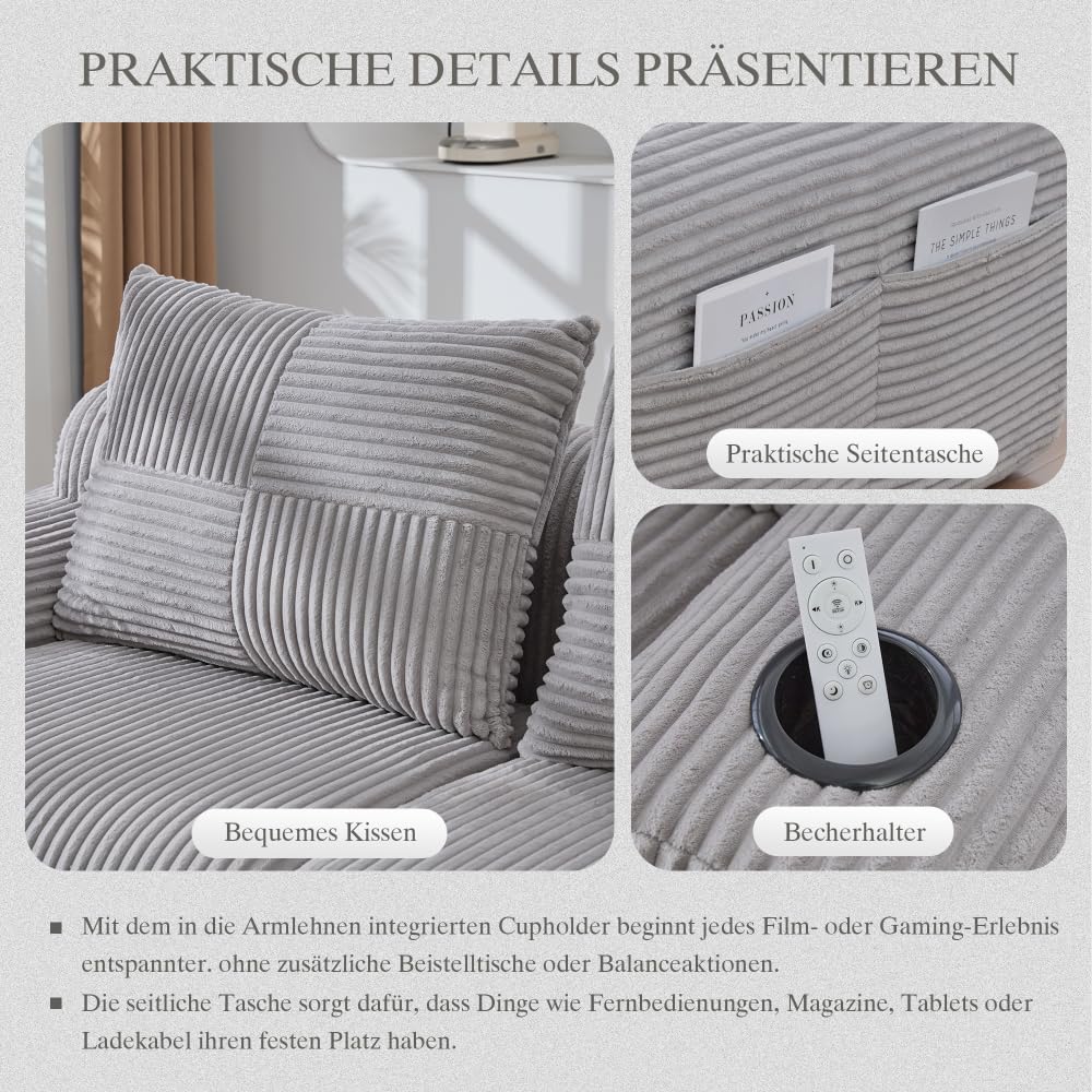Sapgaks Sofá esquinero convertible, sofá modular compacto, sofá de 2 a 6 plazas, equipado con soportes para bebidas y compartimentos laterales de almacenamiento, no requiere montaje (U gris claro de 4